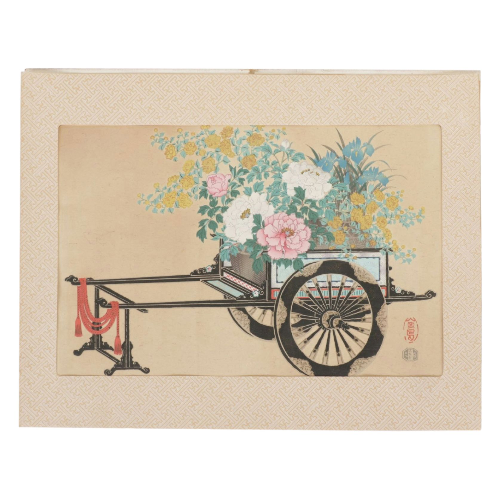 Japanese Woodblock Print "Flower Cart in Spring" After Kin-u Takeshita