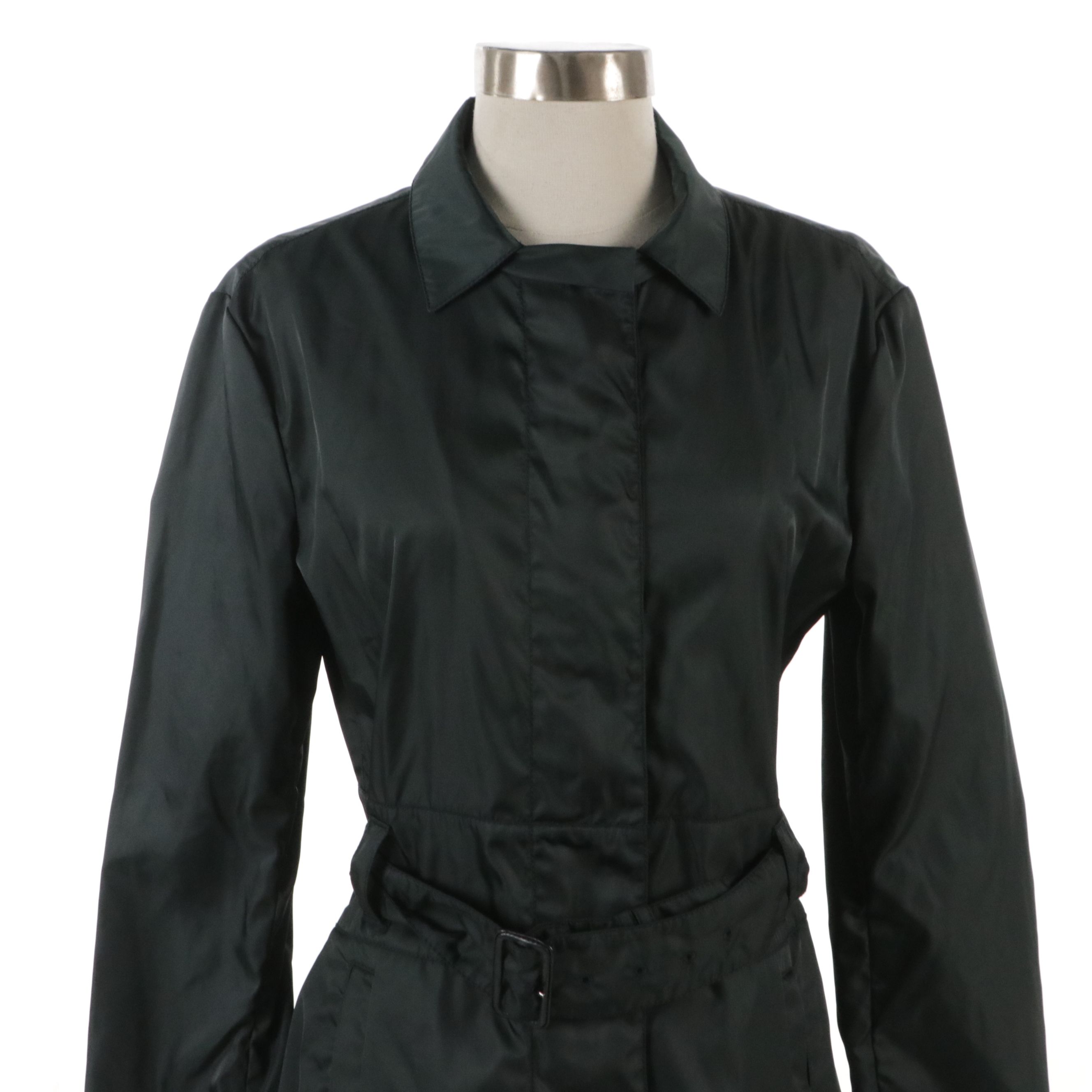 Prada Tessuto Nylon Zip and Snap-Front Belted Long Jacket