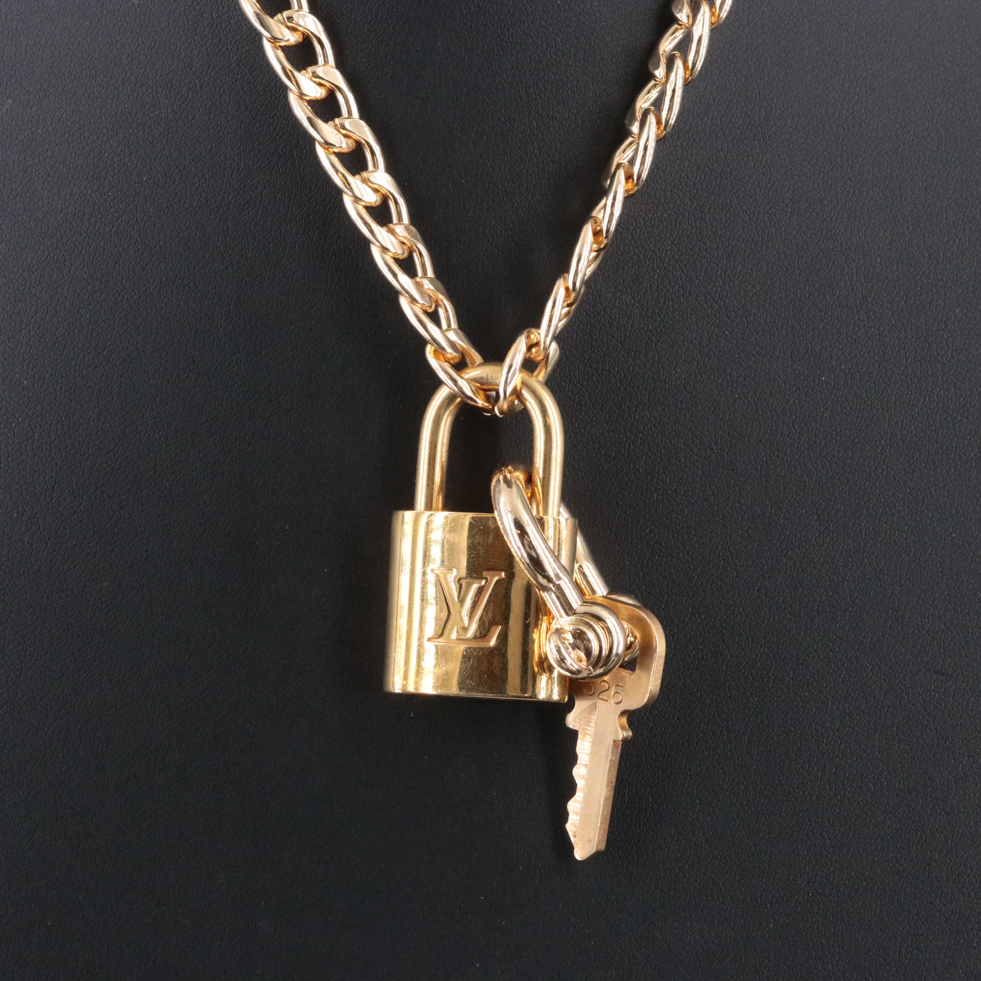 Louis Vuitton Brass Padlock and Key on Chain Necklace