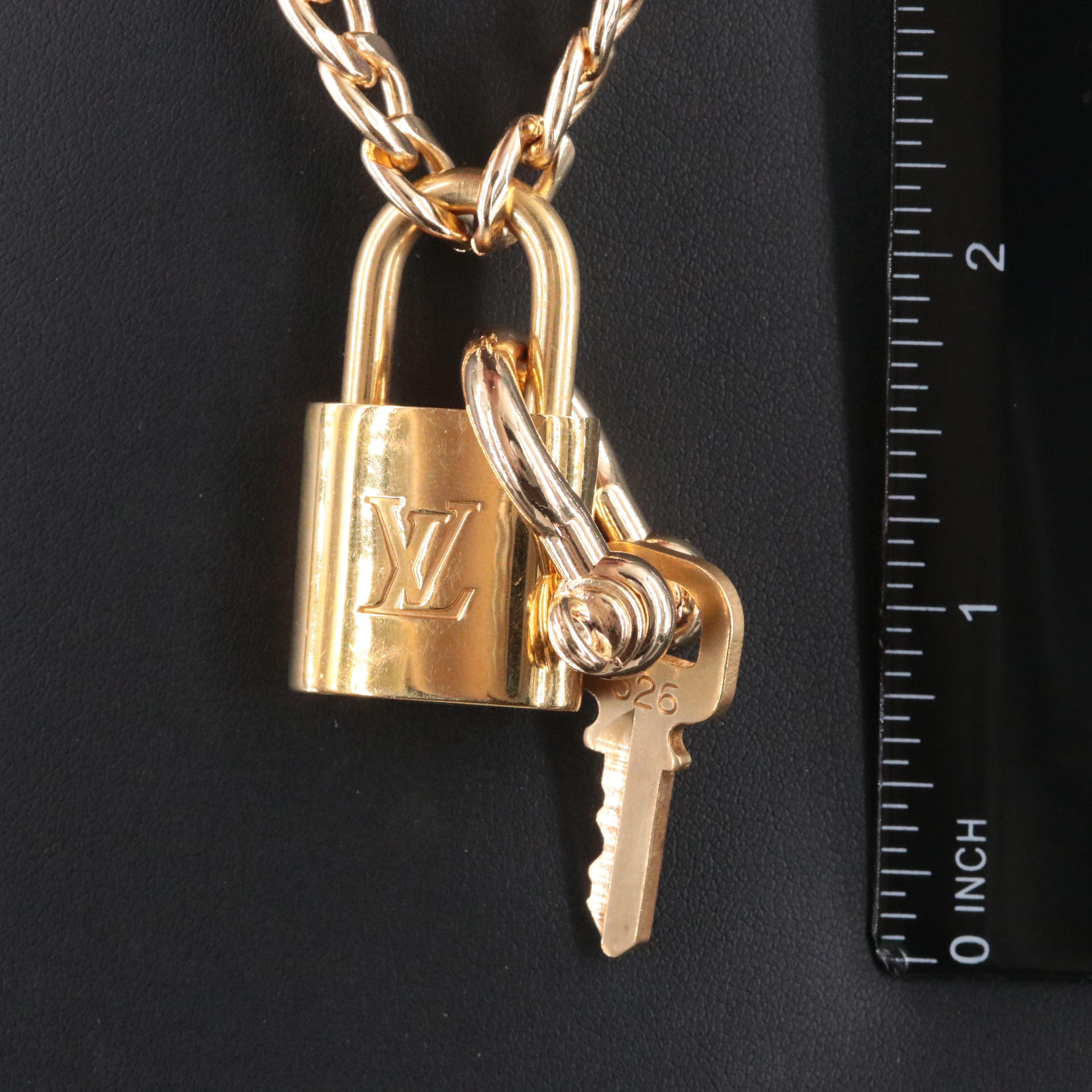 Louis Vuitton Brass Padlock and Key on Chain Necklace