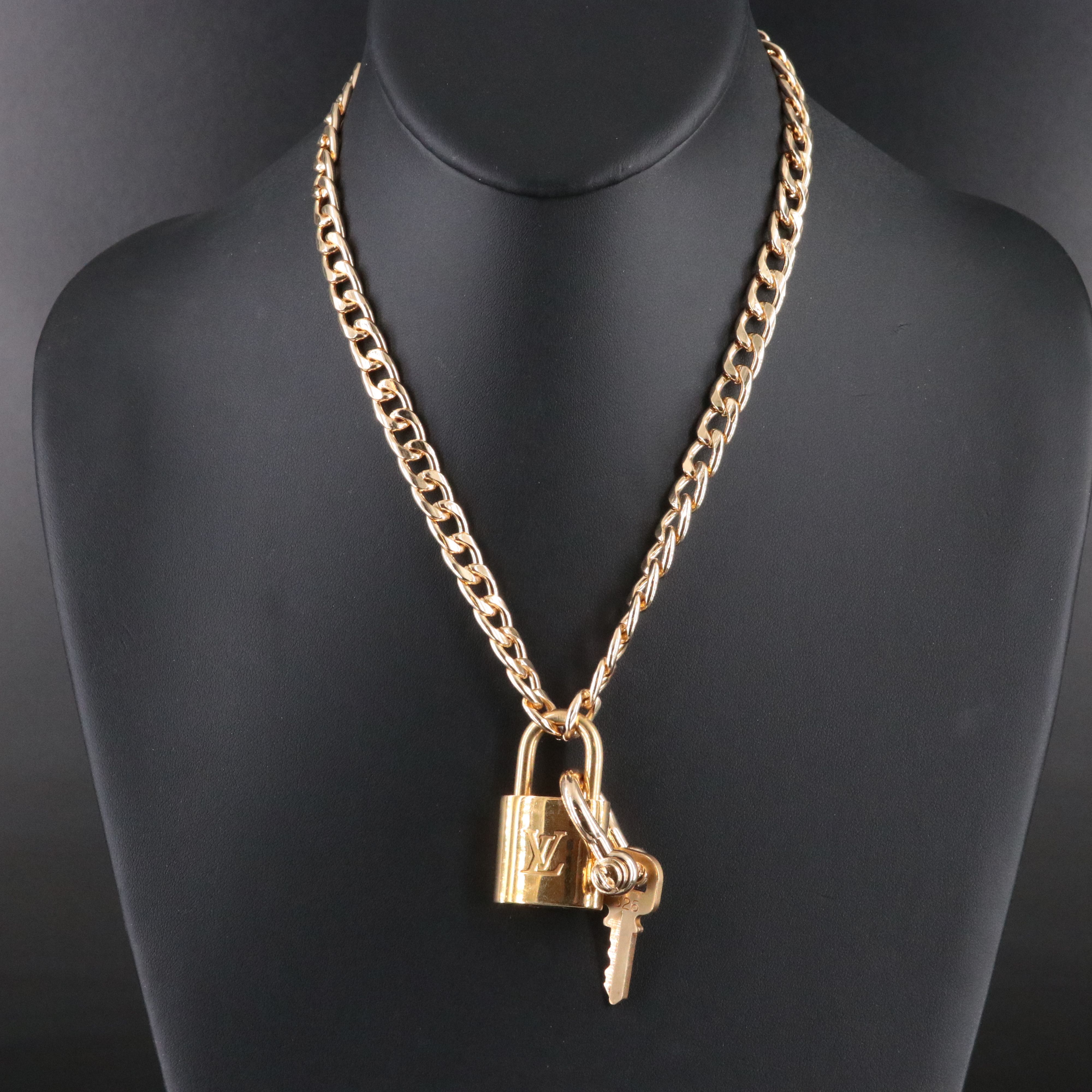 Louis Vuitton Brass Padlock and Key on Chain Necklace
