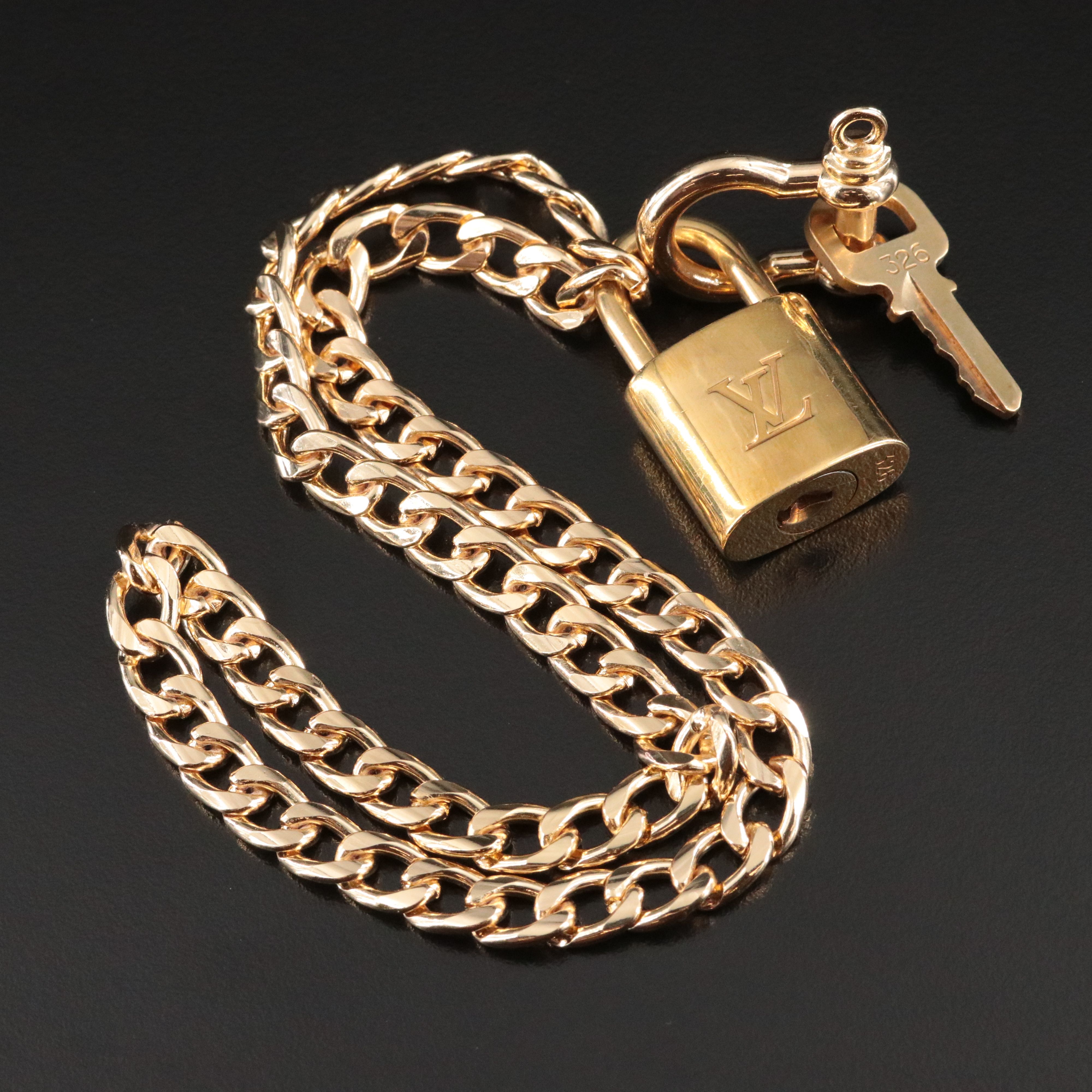 Louis Vuitton Brass Padlock and Key on Chain Necklace