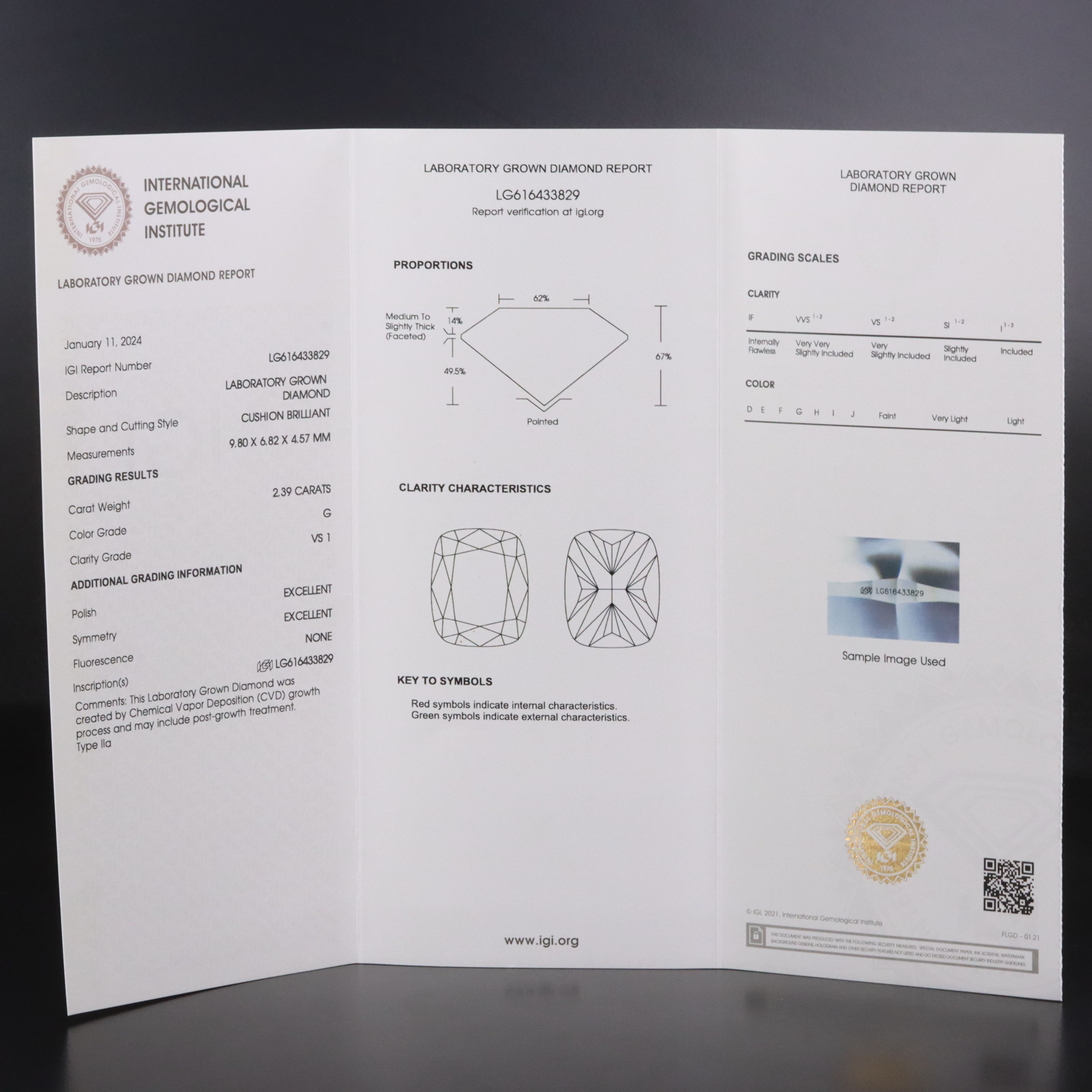 Loose 2.39 CT Lab Grown Diamond with IGI Report