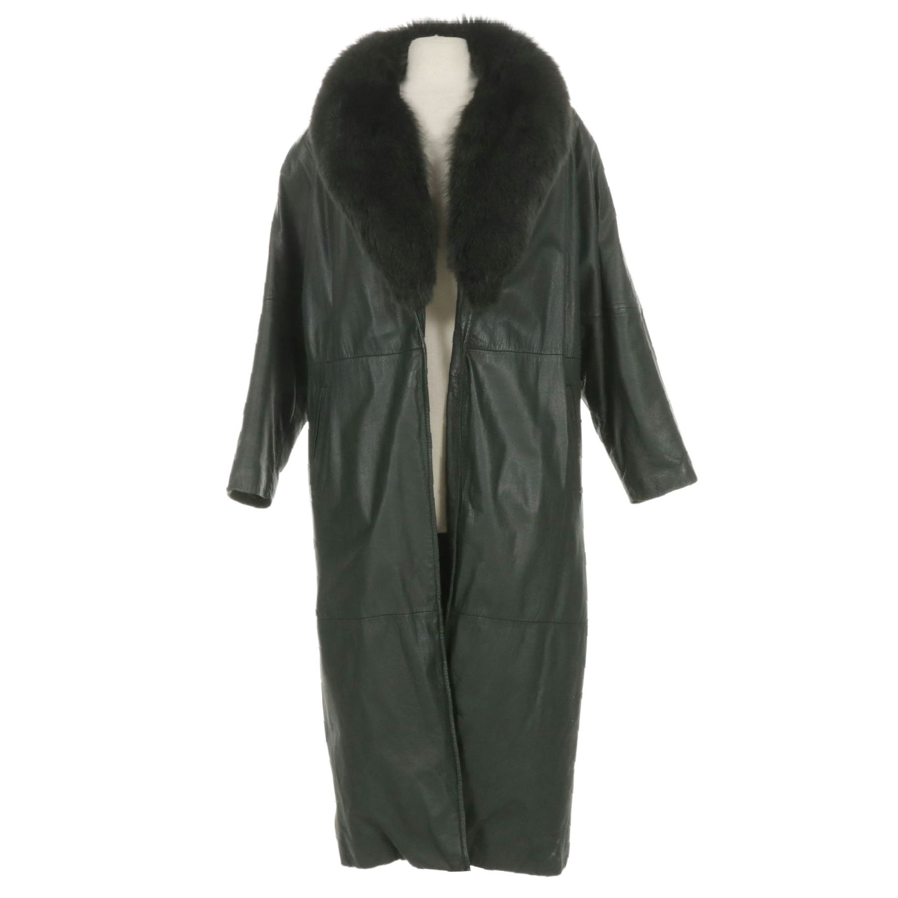 Dyed Fox Fur Collar on Forest Green Leather Long Coat