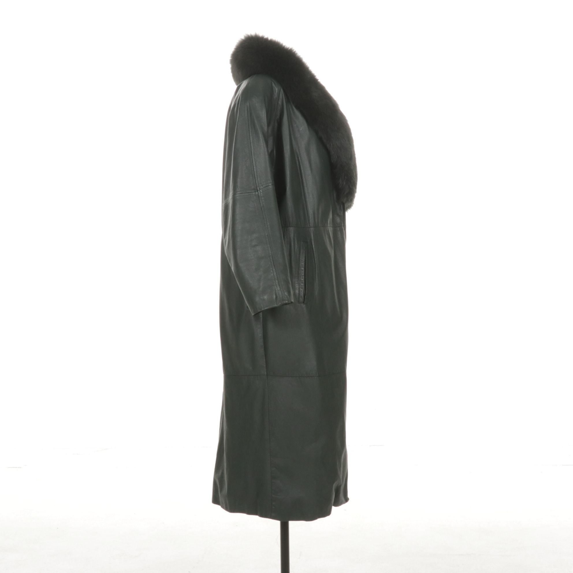 Dyed Fox Fur Collar on Forest Green Leather Long Coat