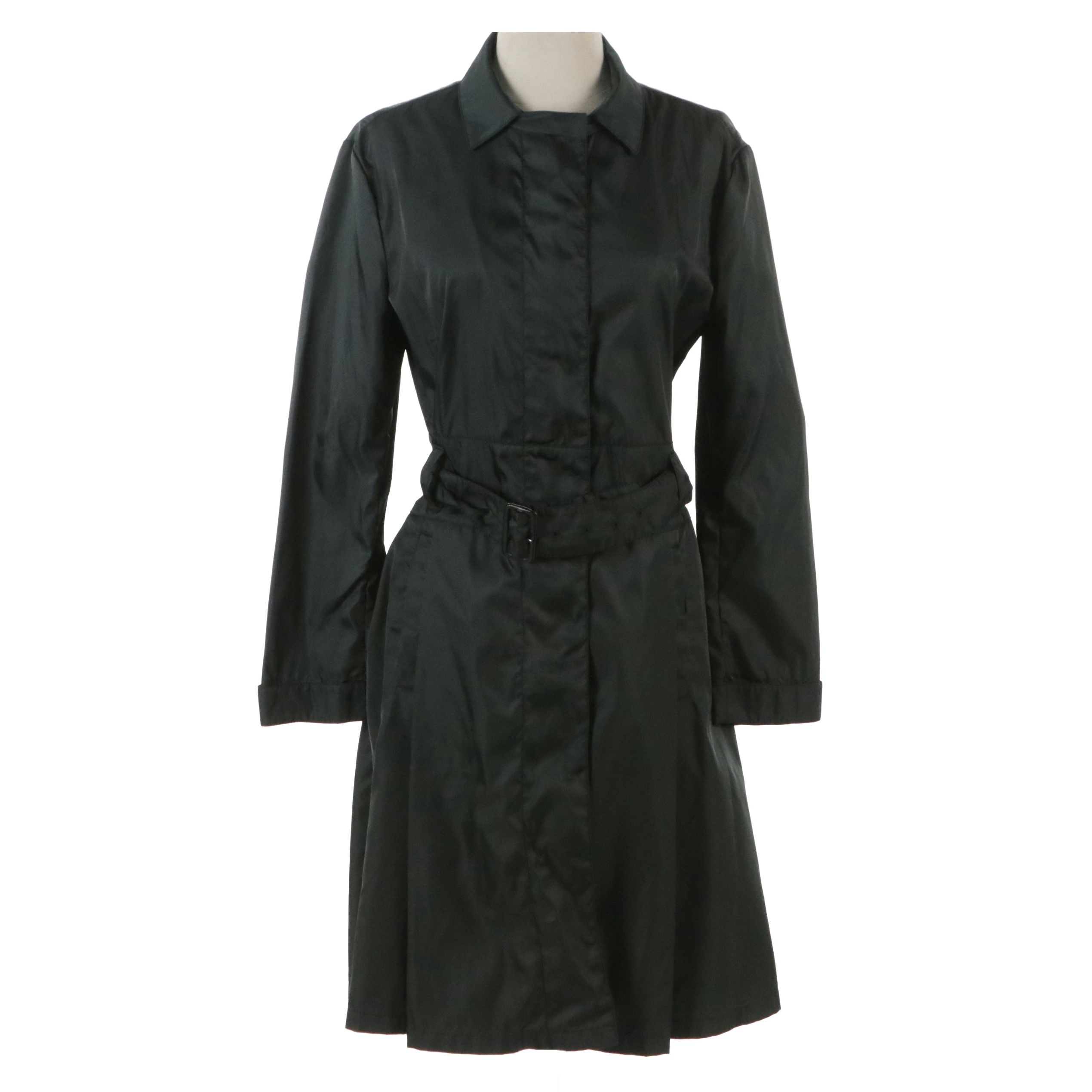 Prada Tessuto Nylon Zip and Snap-Front Belted Long Jacket