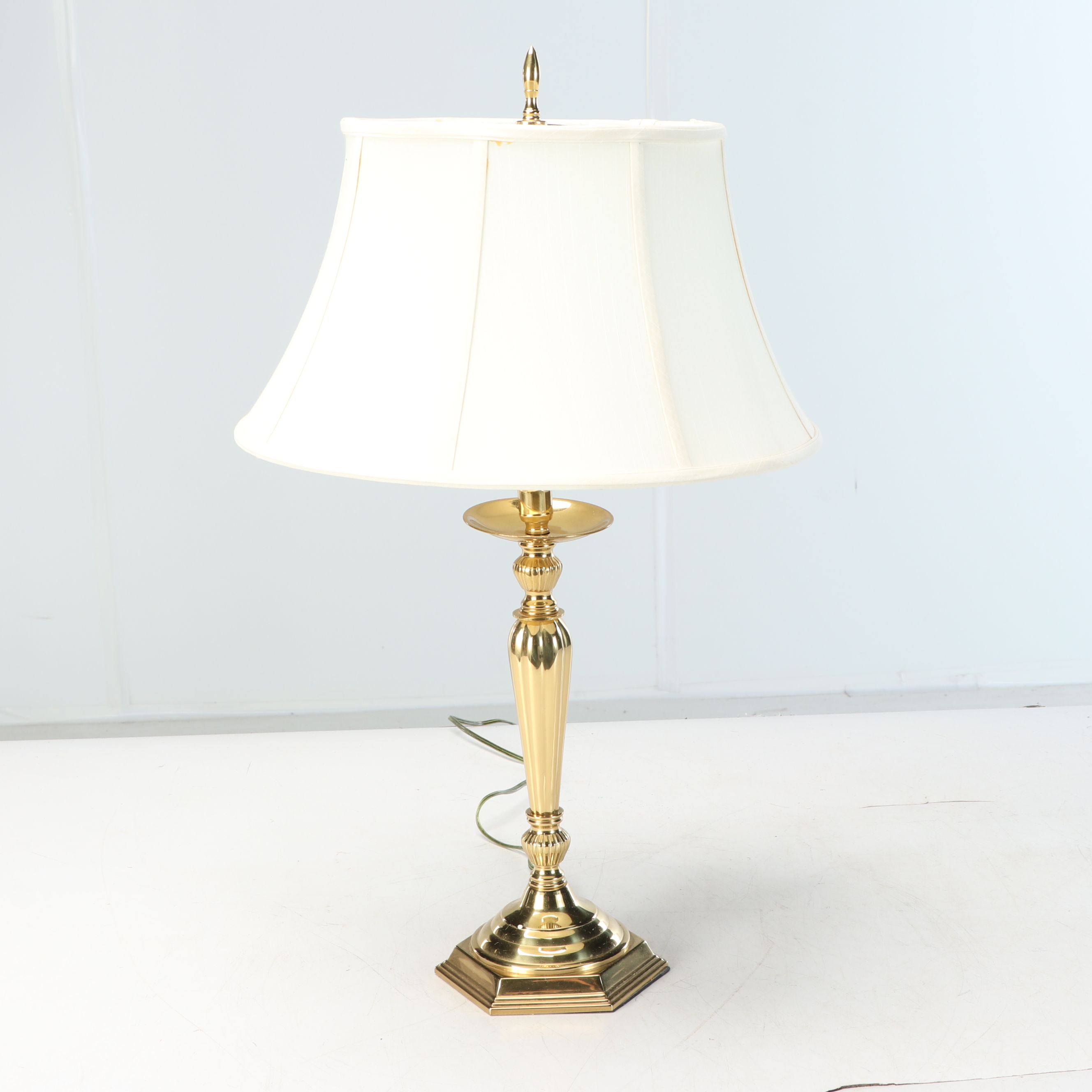 Neoclassical Brass Candlestick Table Lamp with Silk Shade