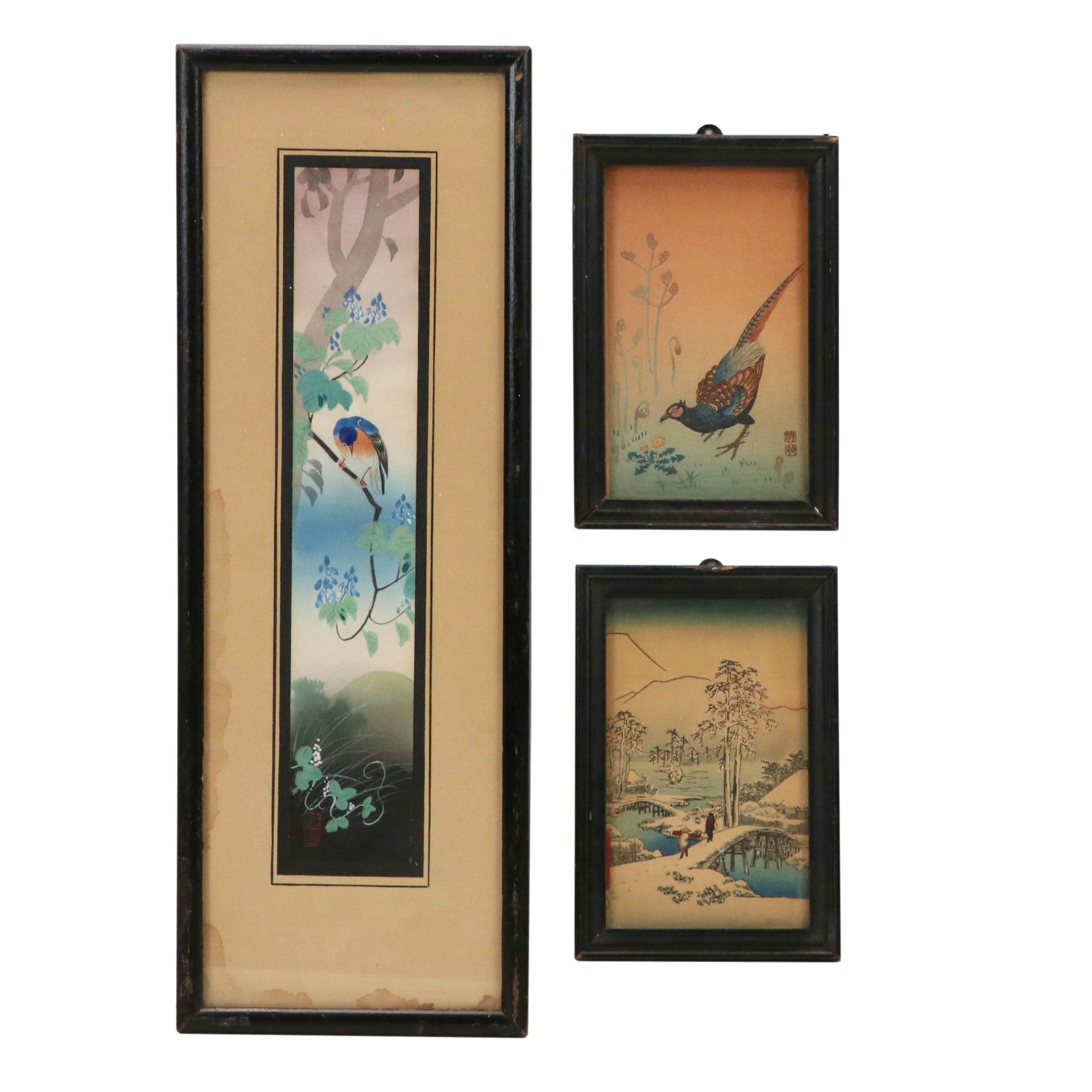 Japanese School Gouache Painting of Bird and Other Woodblocks, 20th Century