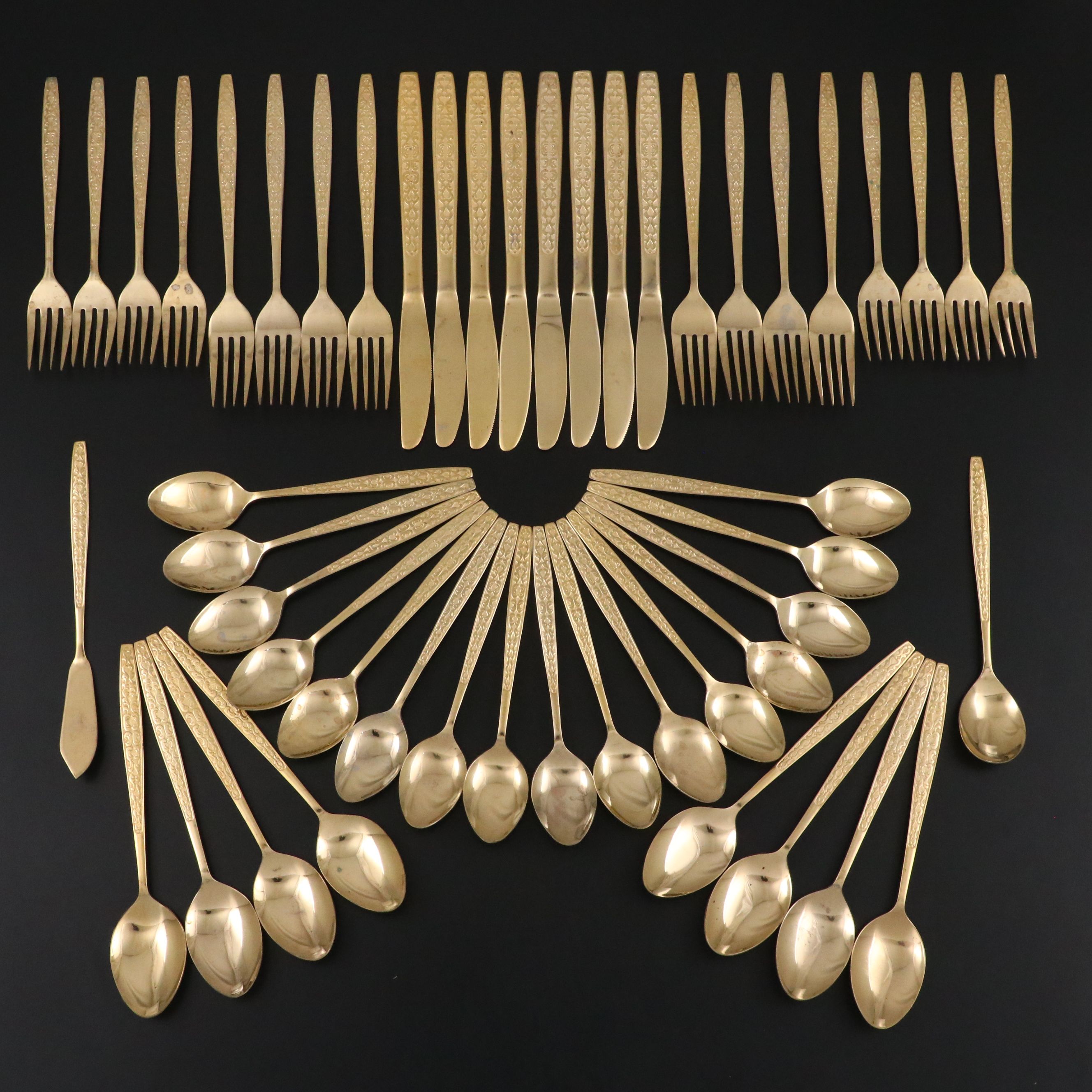Orleans "Olinda" Gilt Stainless Steel Flatware, Mid to Late 20th Century