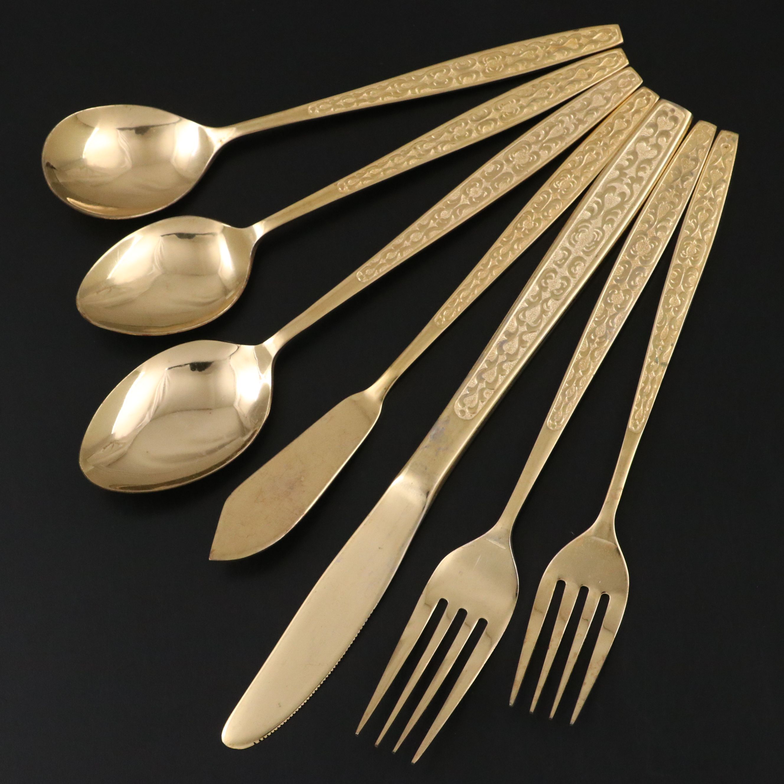 Orleans "Olinda" Gilt Stainless Steel Flatware, Mid to Late 20th Century