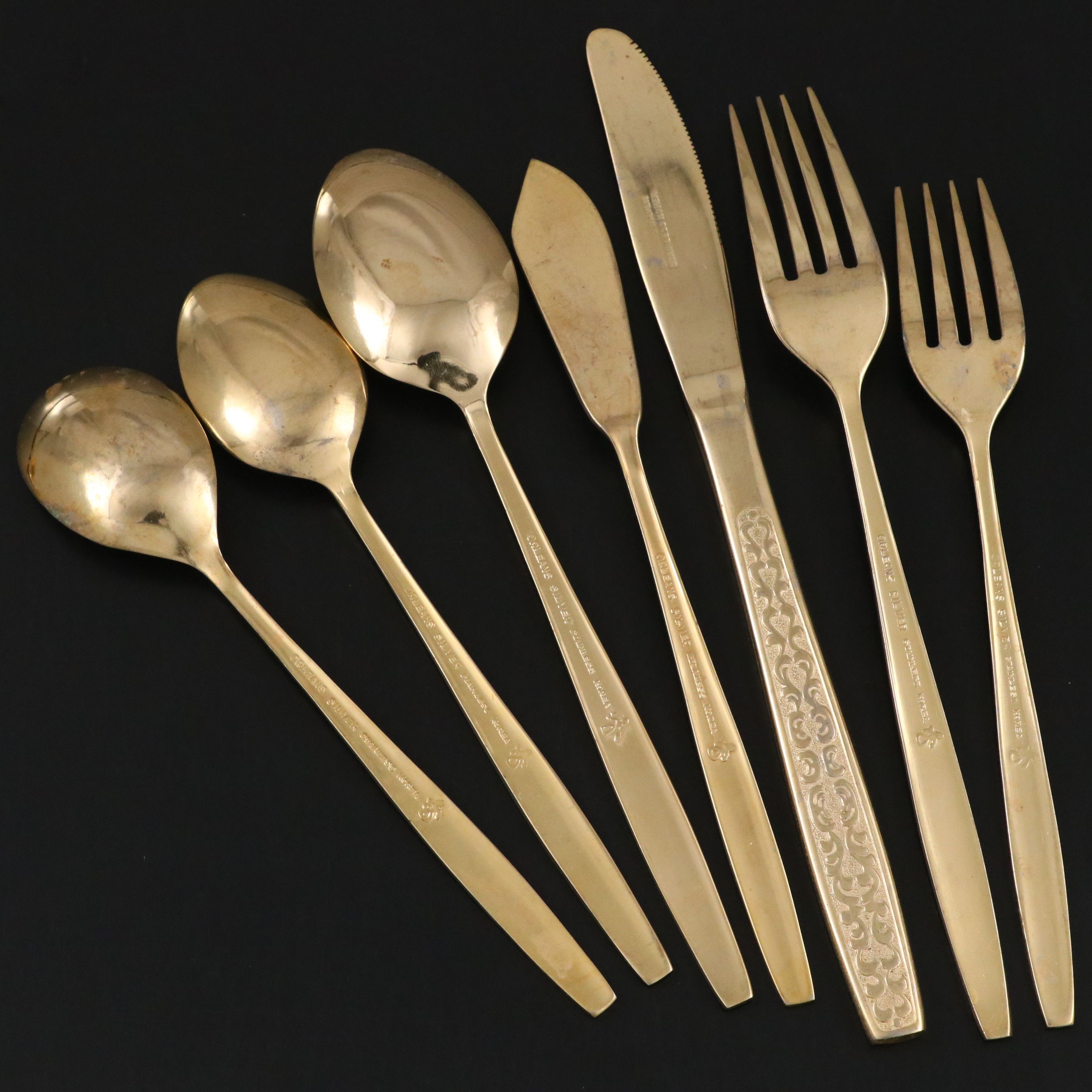 Orleans "Olinda" Gilt Stainless Steel Flatware, Mid to Late 20th Century