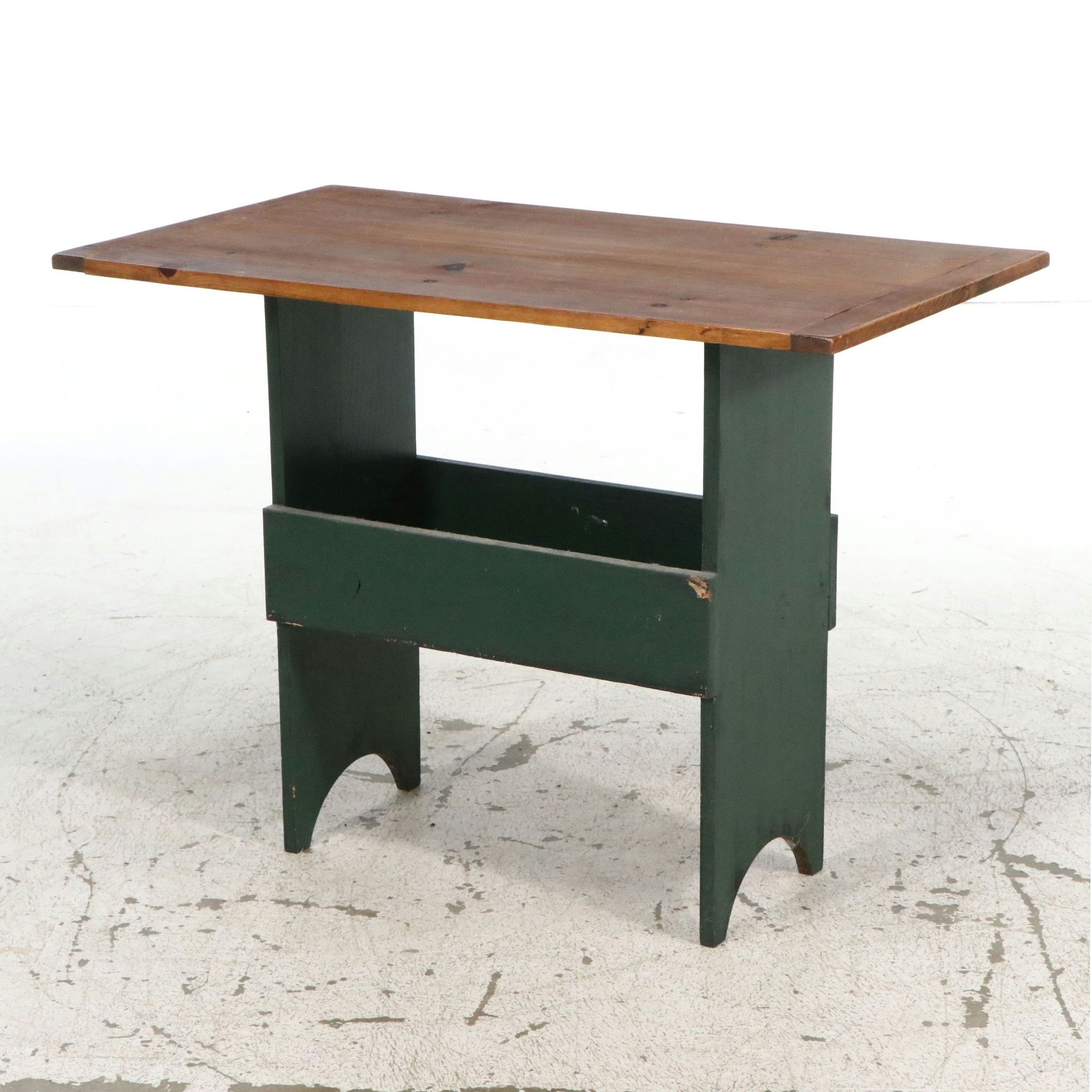 American Primitive Painted Pine Trestle Base Utility Table, 20th Century