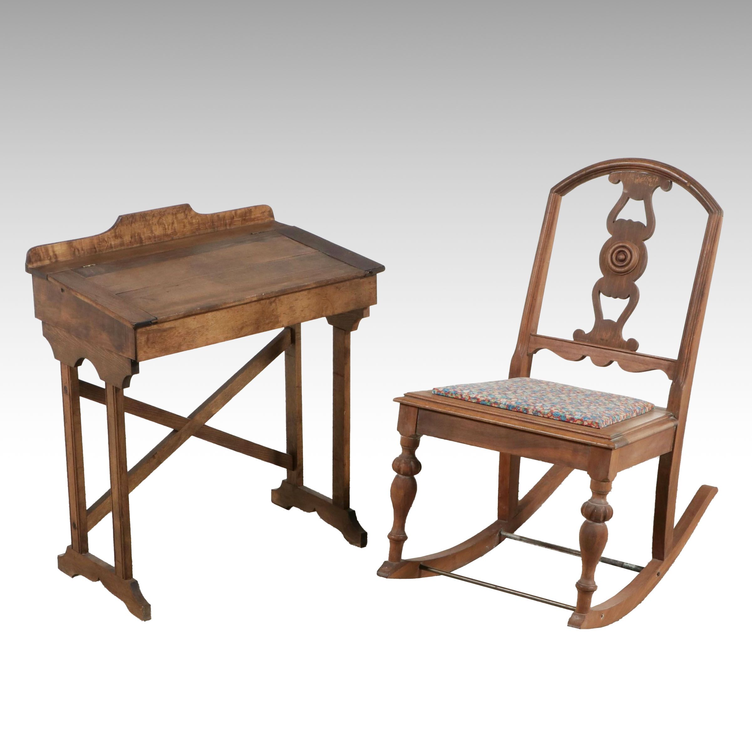 American Victorian Style Child's Slant-Front Desk and Rocking Chair