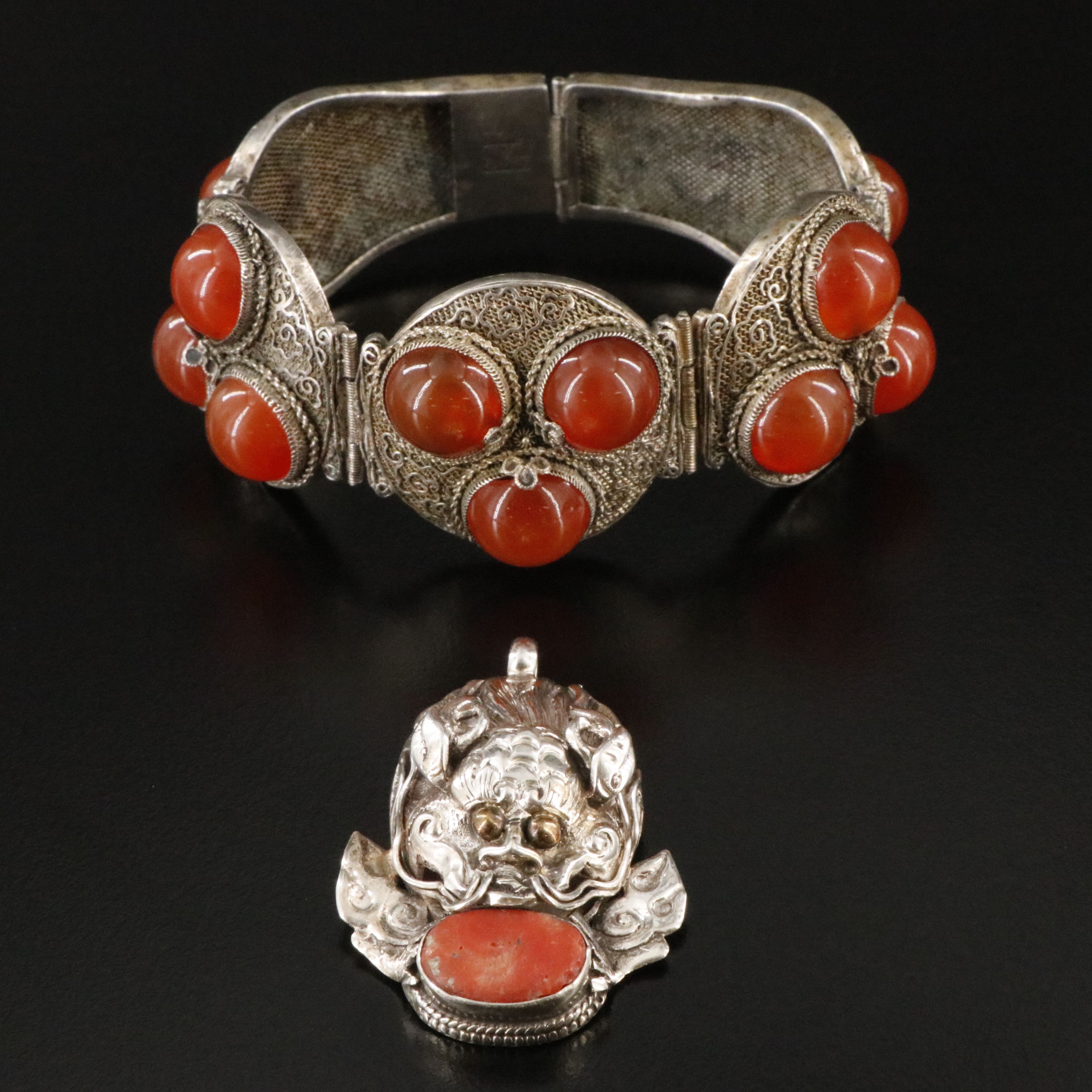 Chinese Export 800 Silver Carnelian Bracelet & Sterling Coral Dragon Pendant