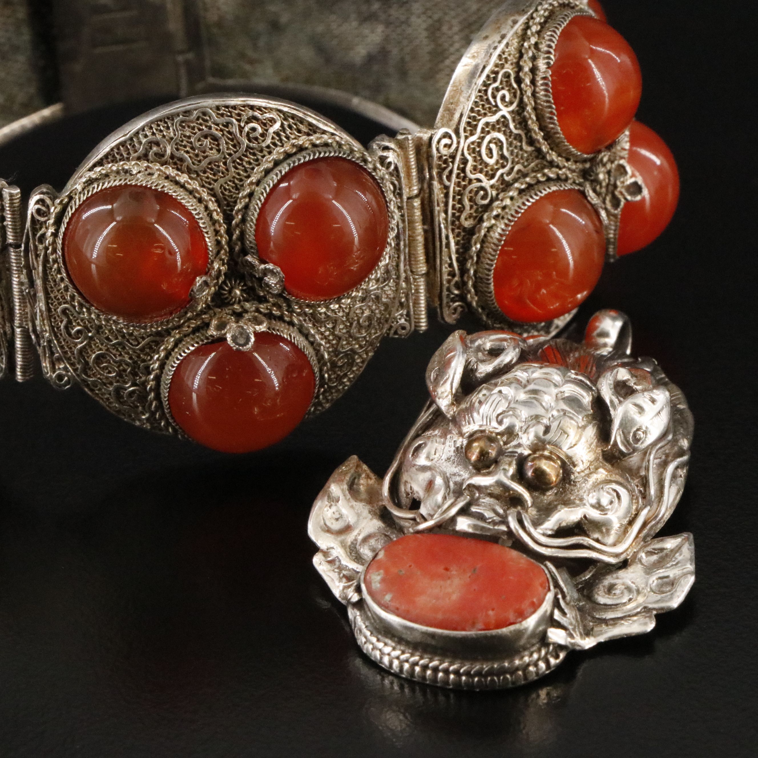 Chinese Export 800 Silver Carnelian Bracelet & Sterling Coral Dragon Pendant