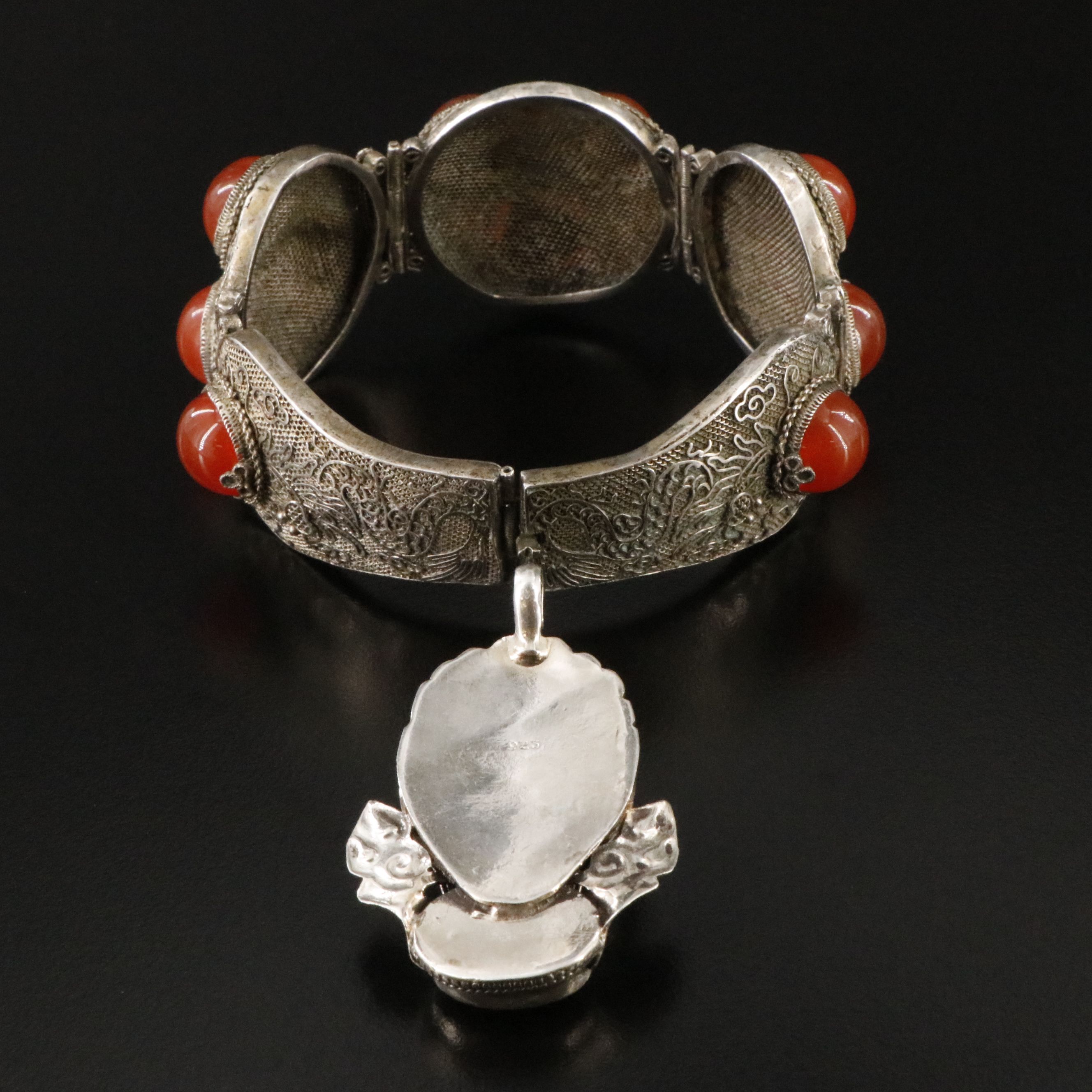 Chinese Export 800 Silver Carnelian Bracelet & Sterling Coral Dragon Pendant