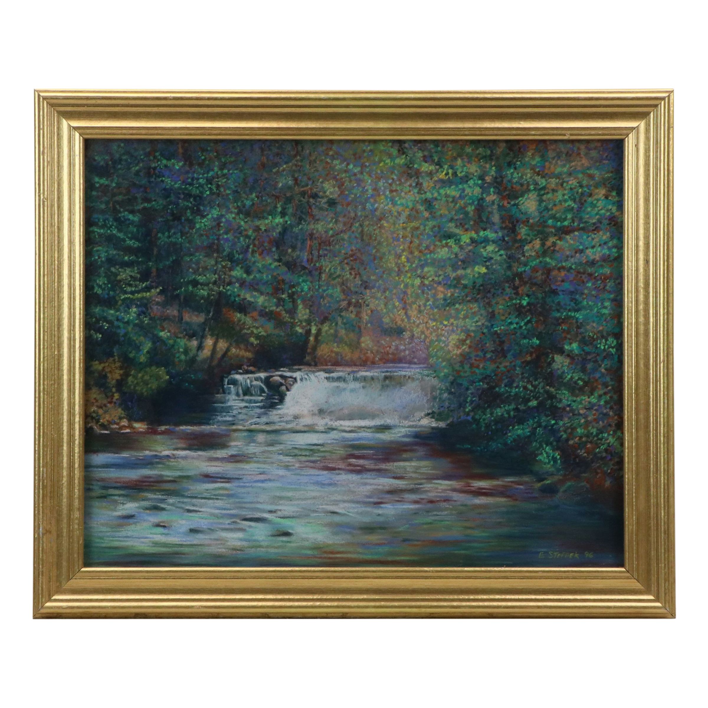 Attributed to Edward Steffek Landscape Oil Pastel Drawing of Waterfall, 1996