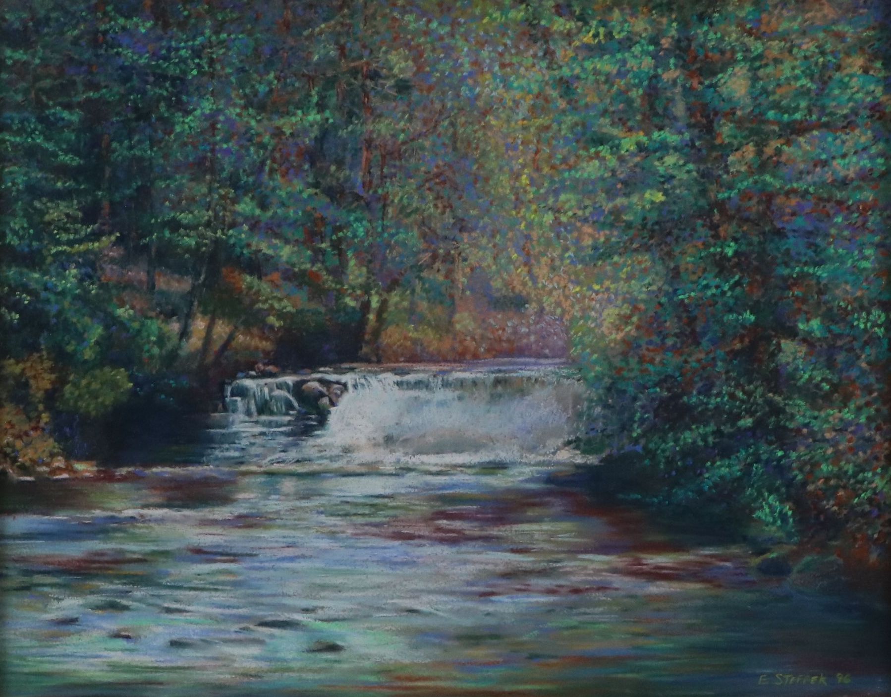 Attributed to Edward Steffek Landscape Oil Pastel Drawing of Waterfall, 1996