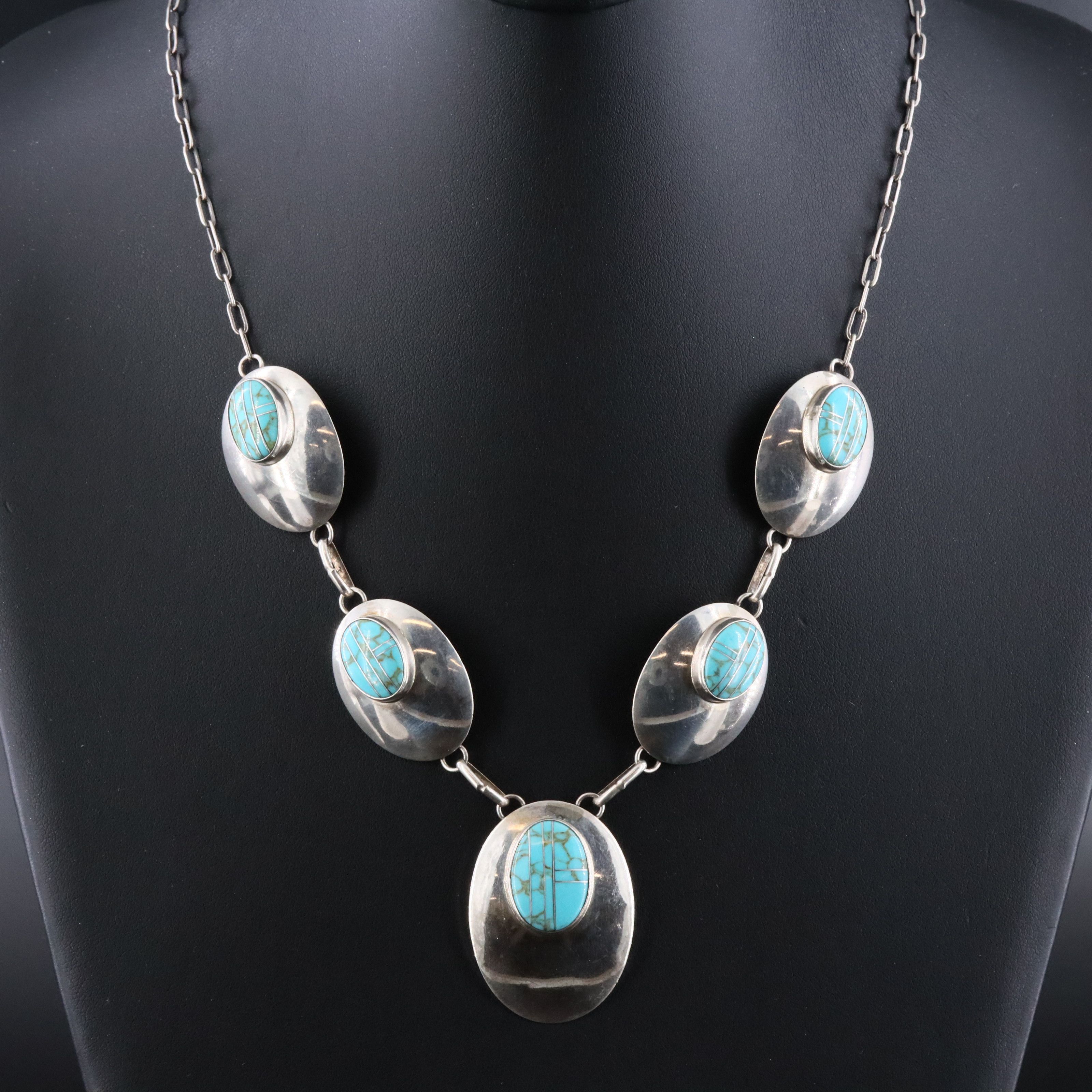 Southwestern Sterling Faux Turquoise Inlay Necklace
