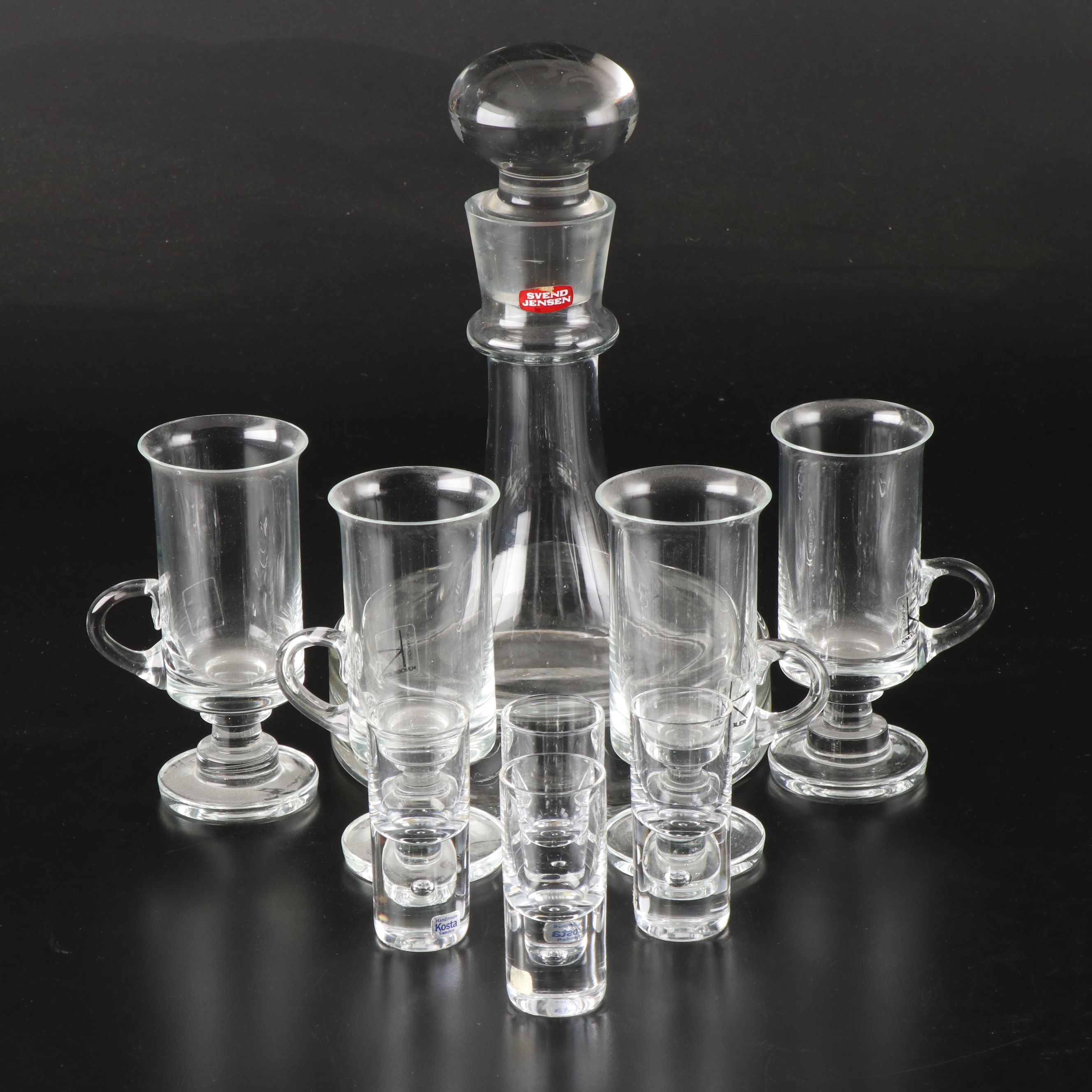 Kosta Shot Glasses, Knobler Irish Coffee Glass Mugs, and Svend Jensen Decanter