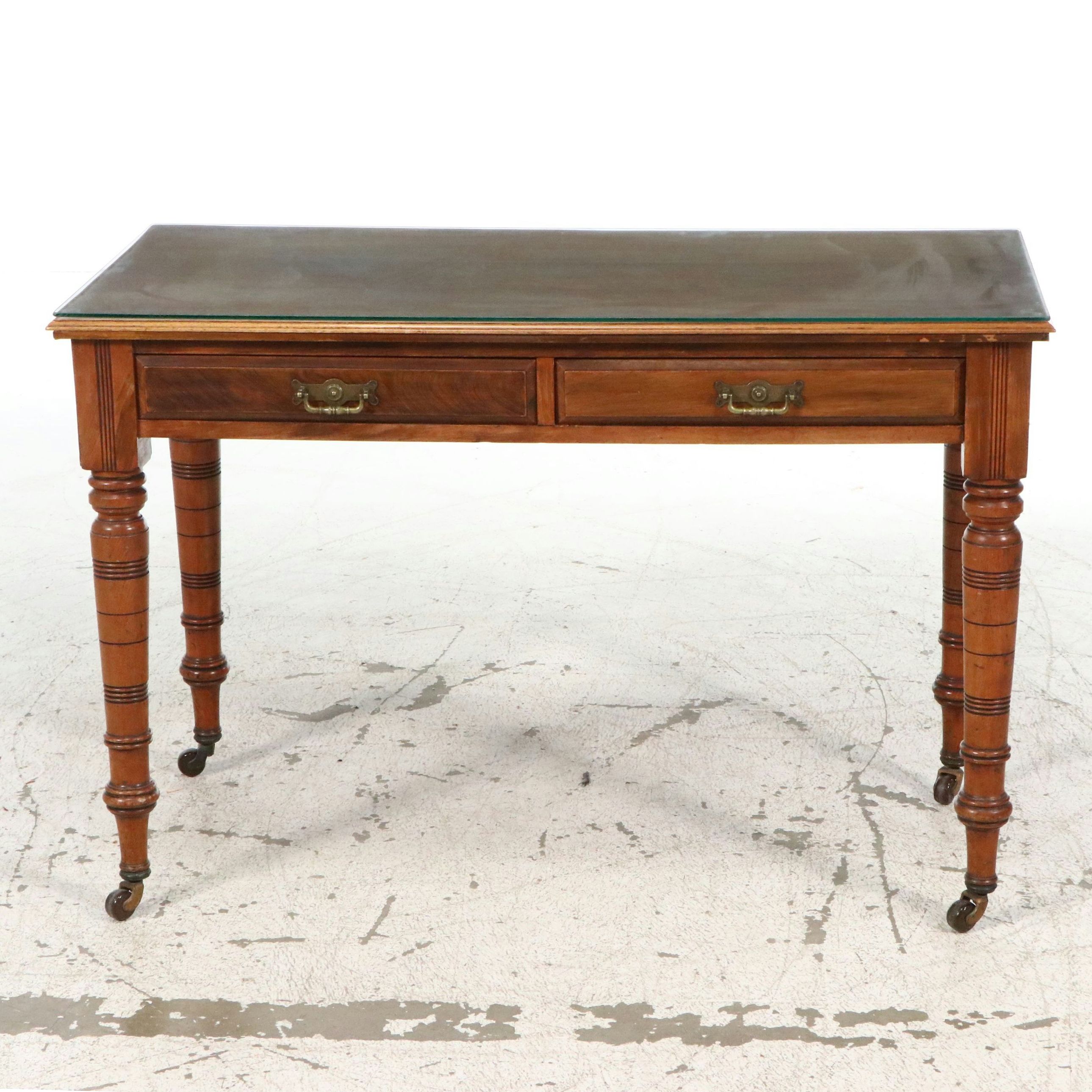 Victorian Mahogany Two-Drawer Library Table with Ring-Turned Legs