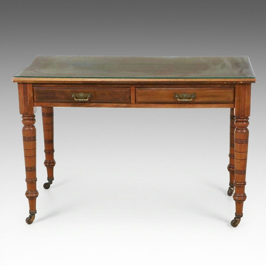 Victorian Mahogany Two-Drawer Library Table with Ring-Turned Legs