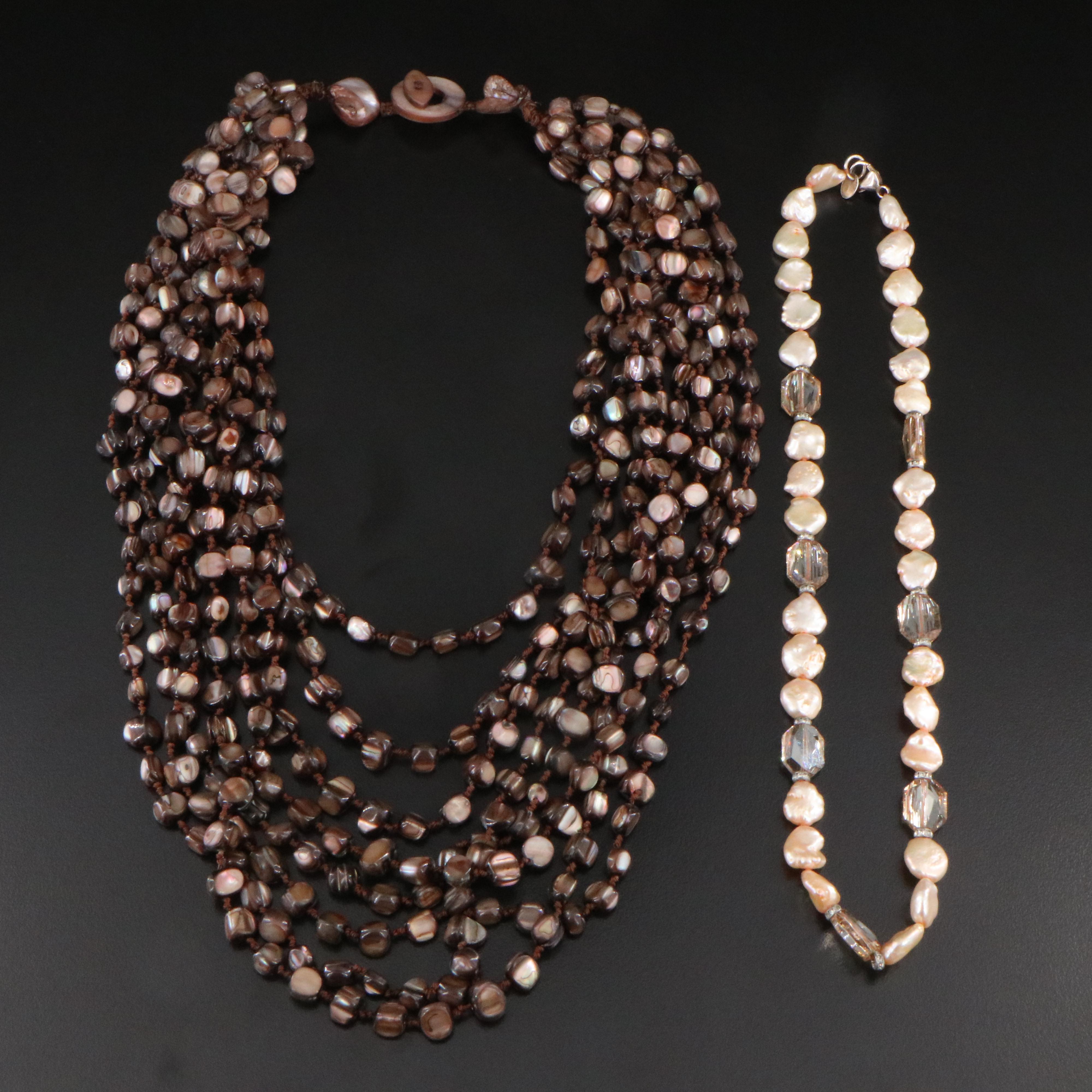 Tapered Eight Strand Abalone Necklace and Sterling Pearl Necklace
