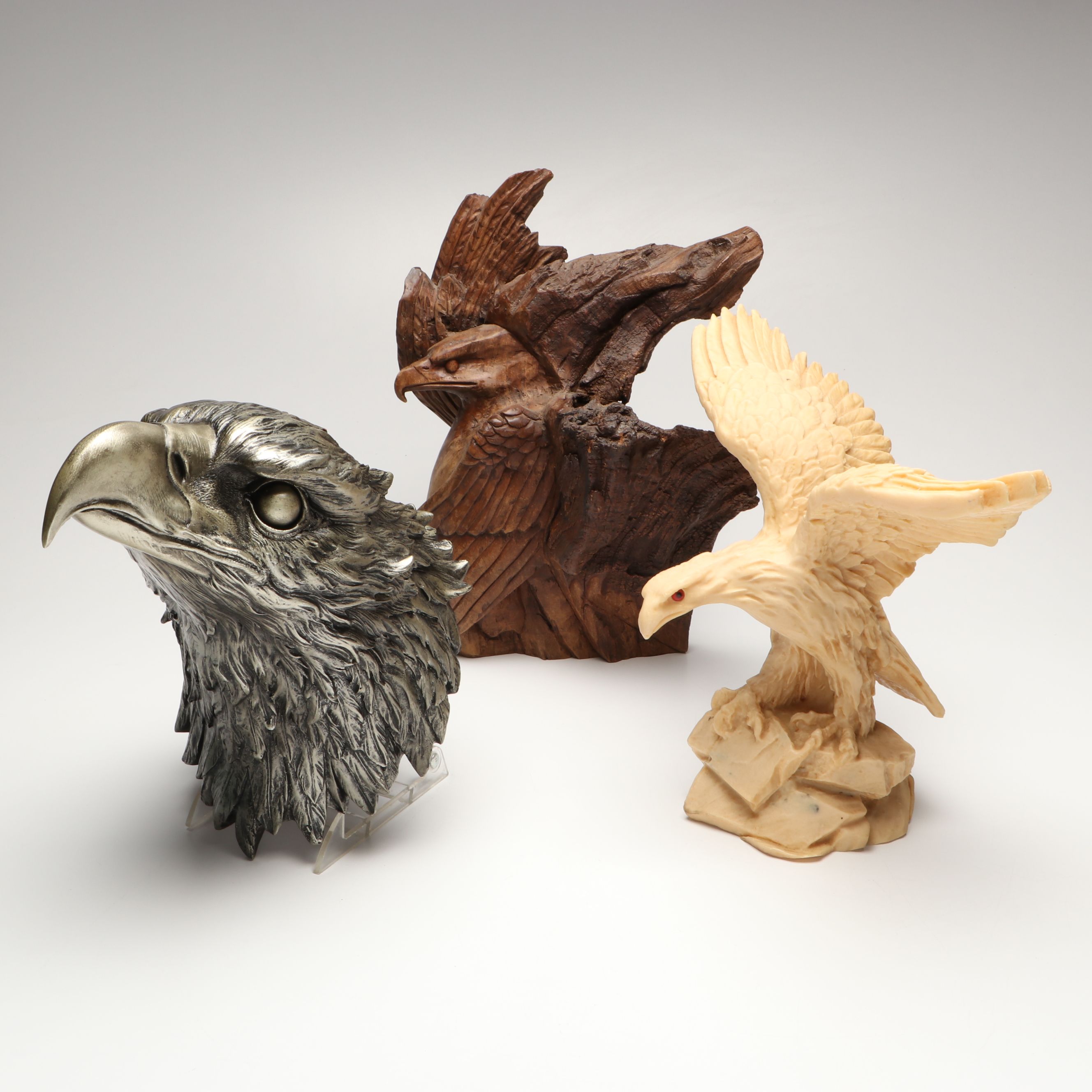 Live Edge Carved Wood Eagle with Other Resin Eagle Wall Mount and Sculpture