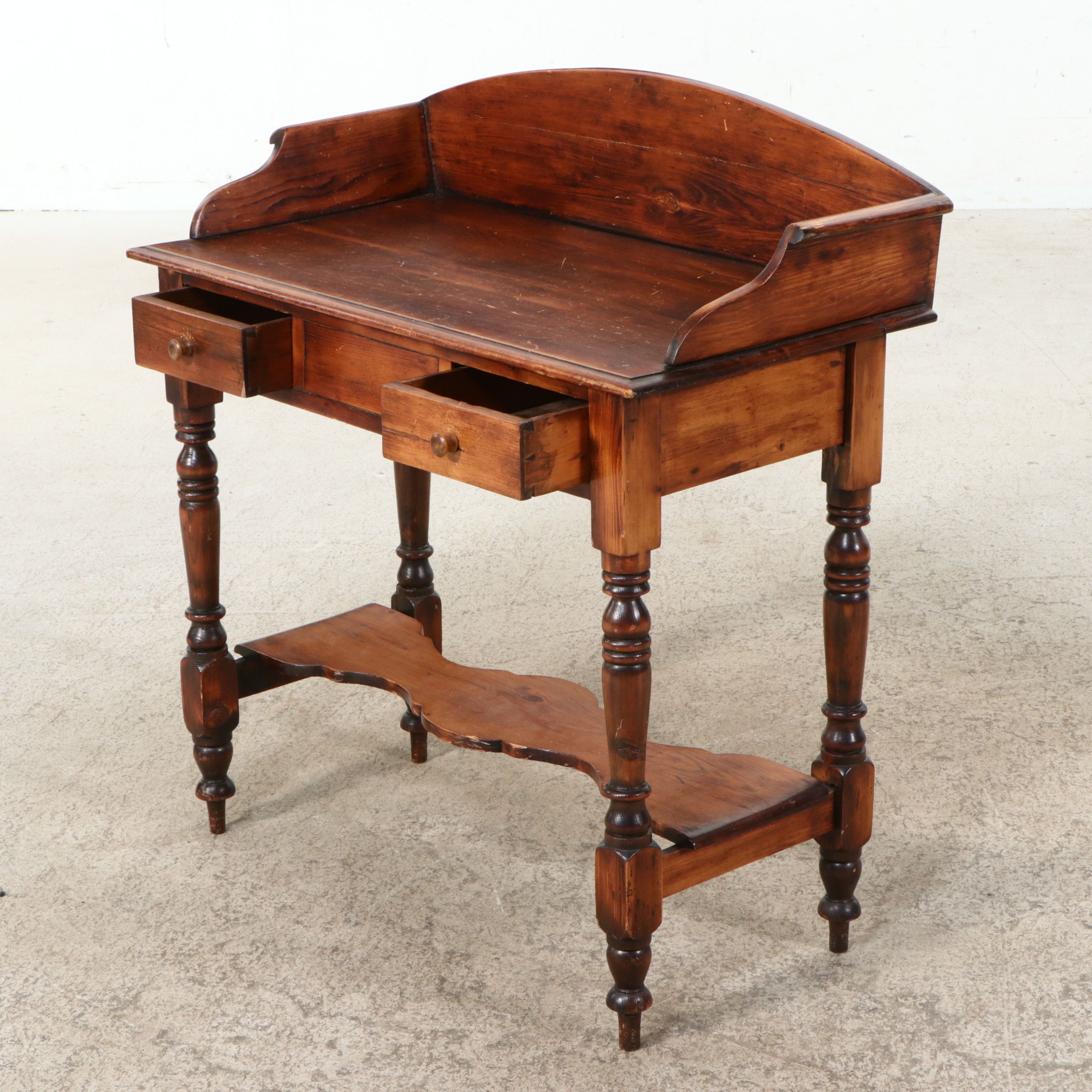 American Victorian Pine Spindle-Leg Desk and Carved Walnut Caned Chair