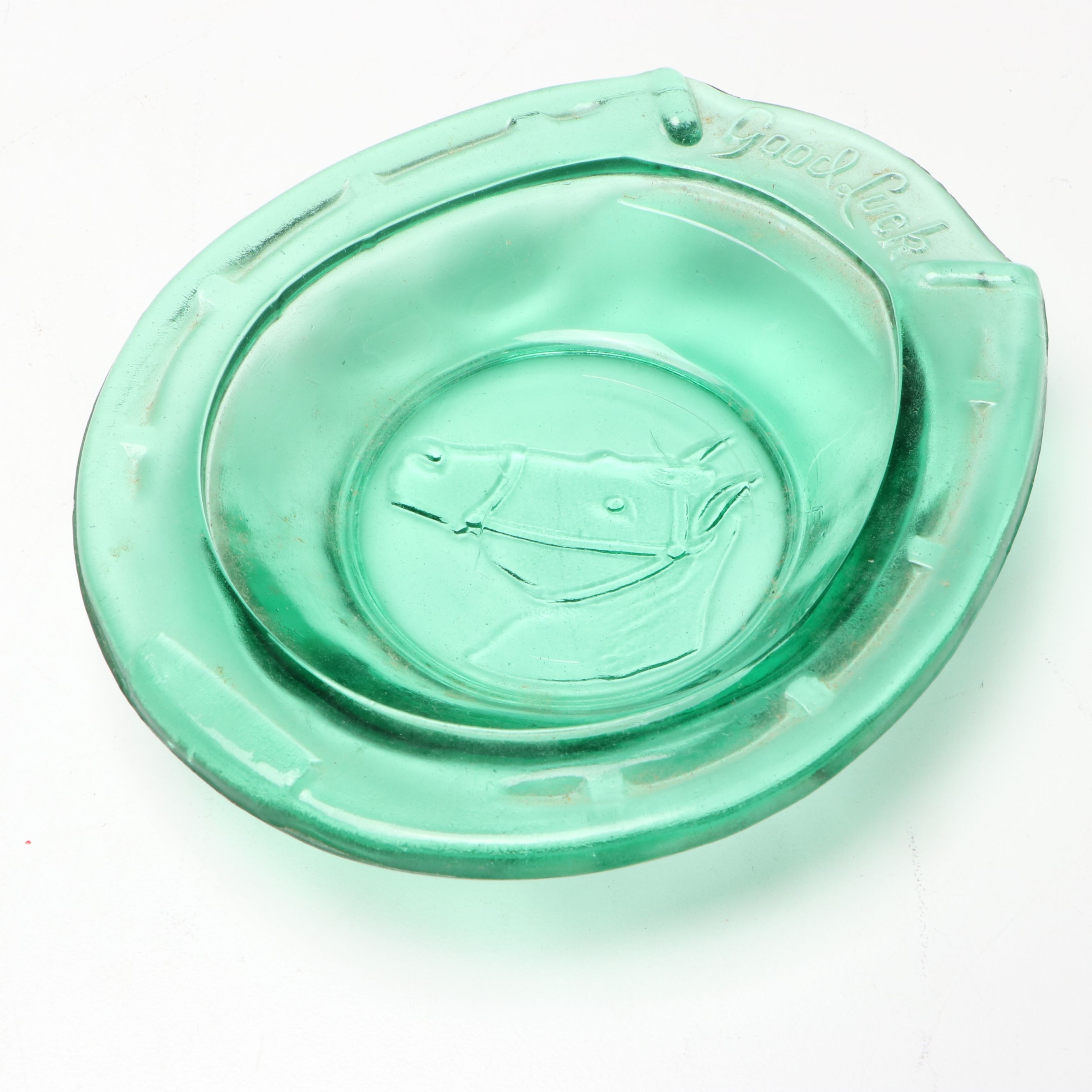 Blenko Green Crackle Glass Vase with Other Horseshoe Ashtray