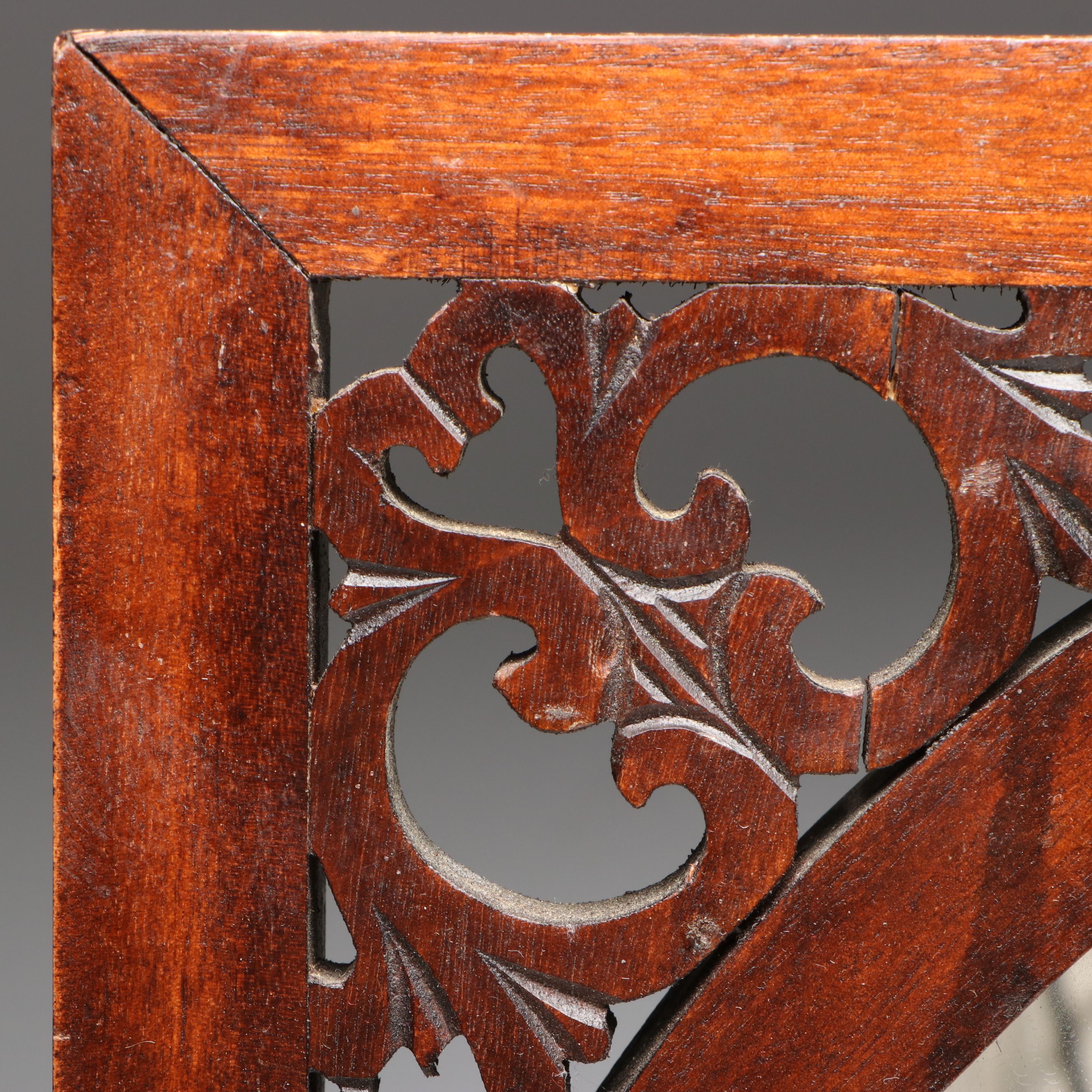 Carved Wood Openwork Wall Mirror with Coat Hooks