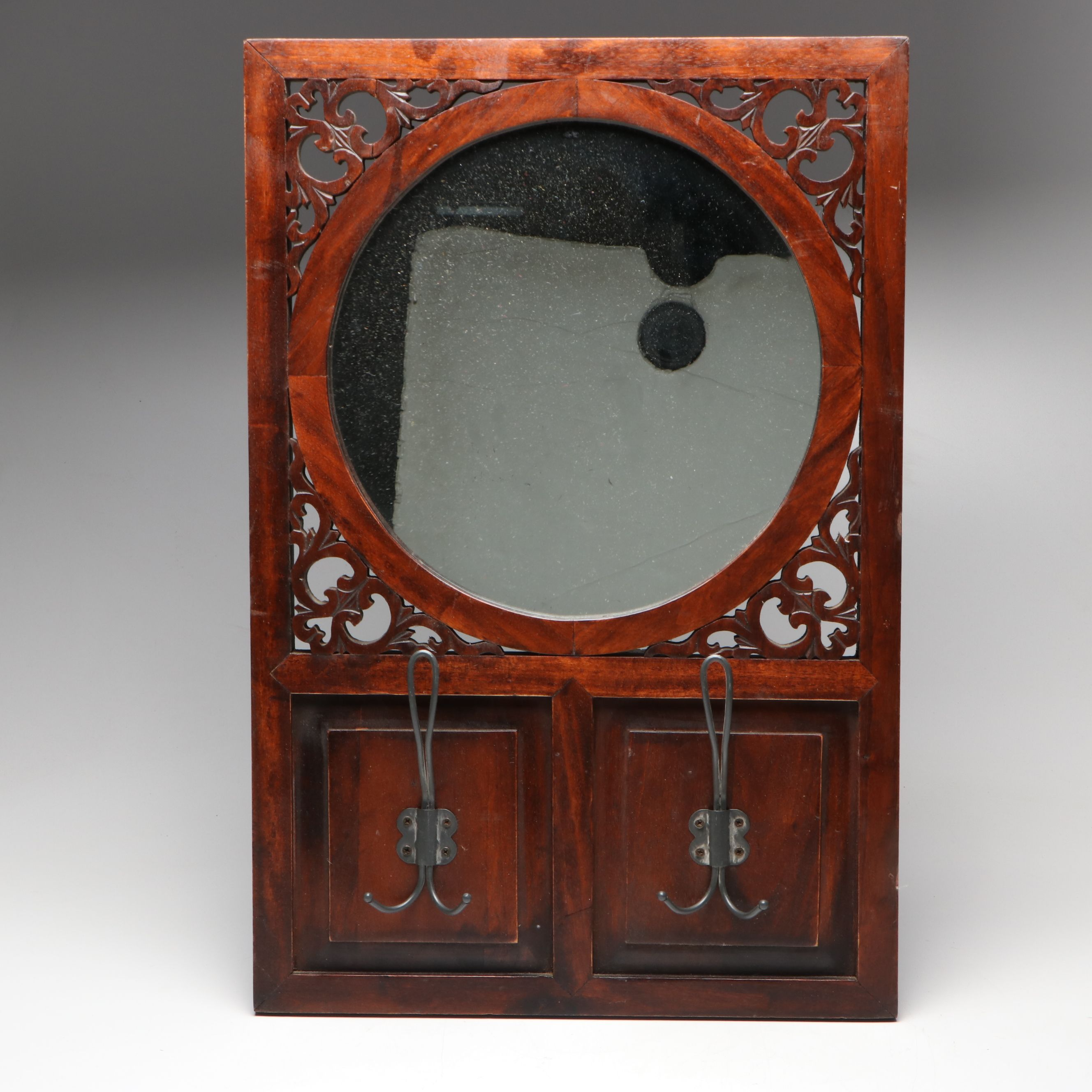 Carved Wood Openwork Wall Mirror with Coat Hooks