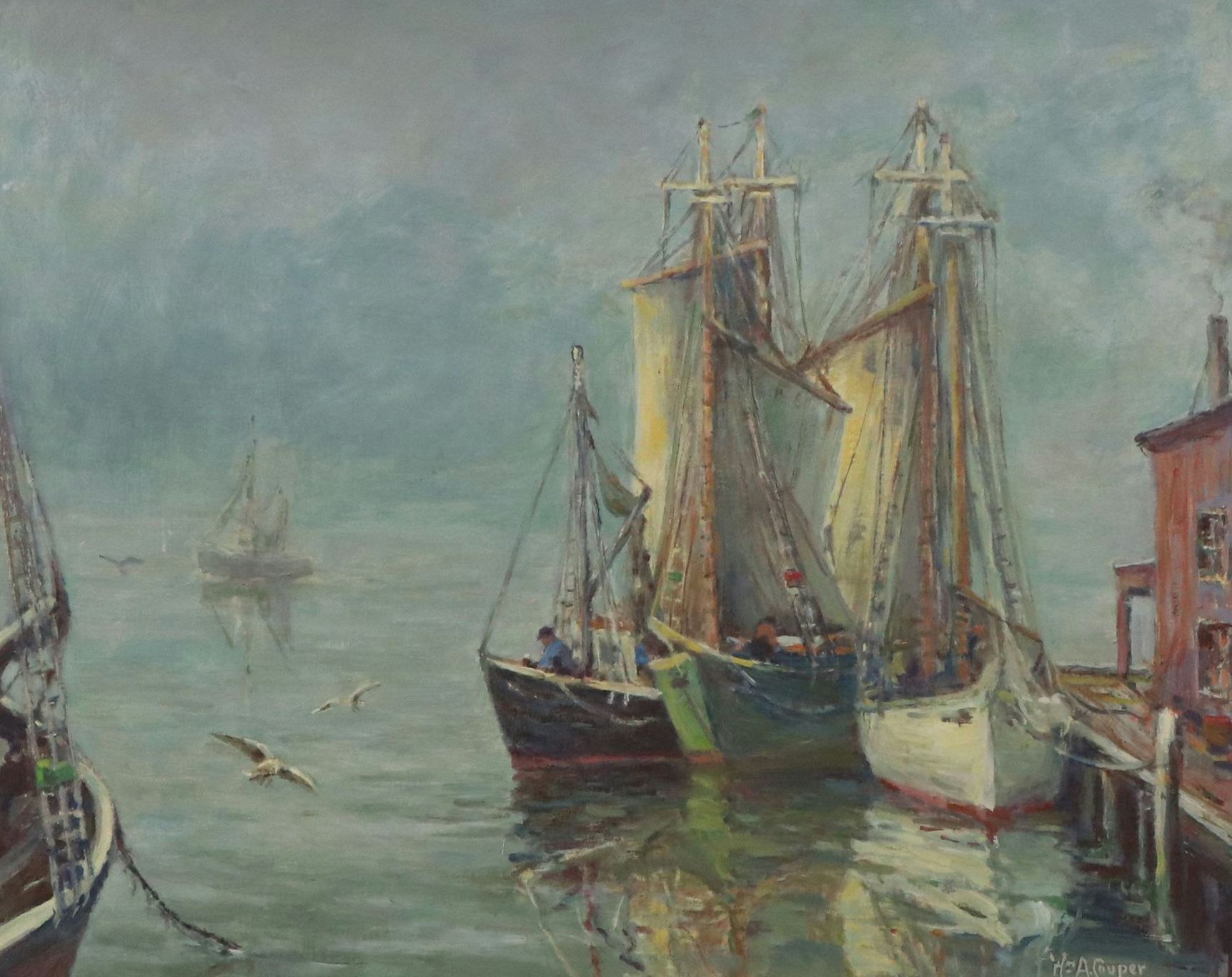 William Alan Couper Oil Painting "Early Morning Fog, Gloucester Harbor"