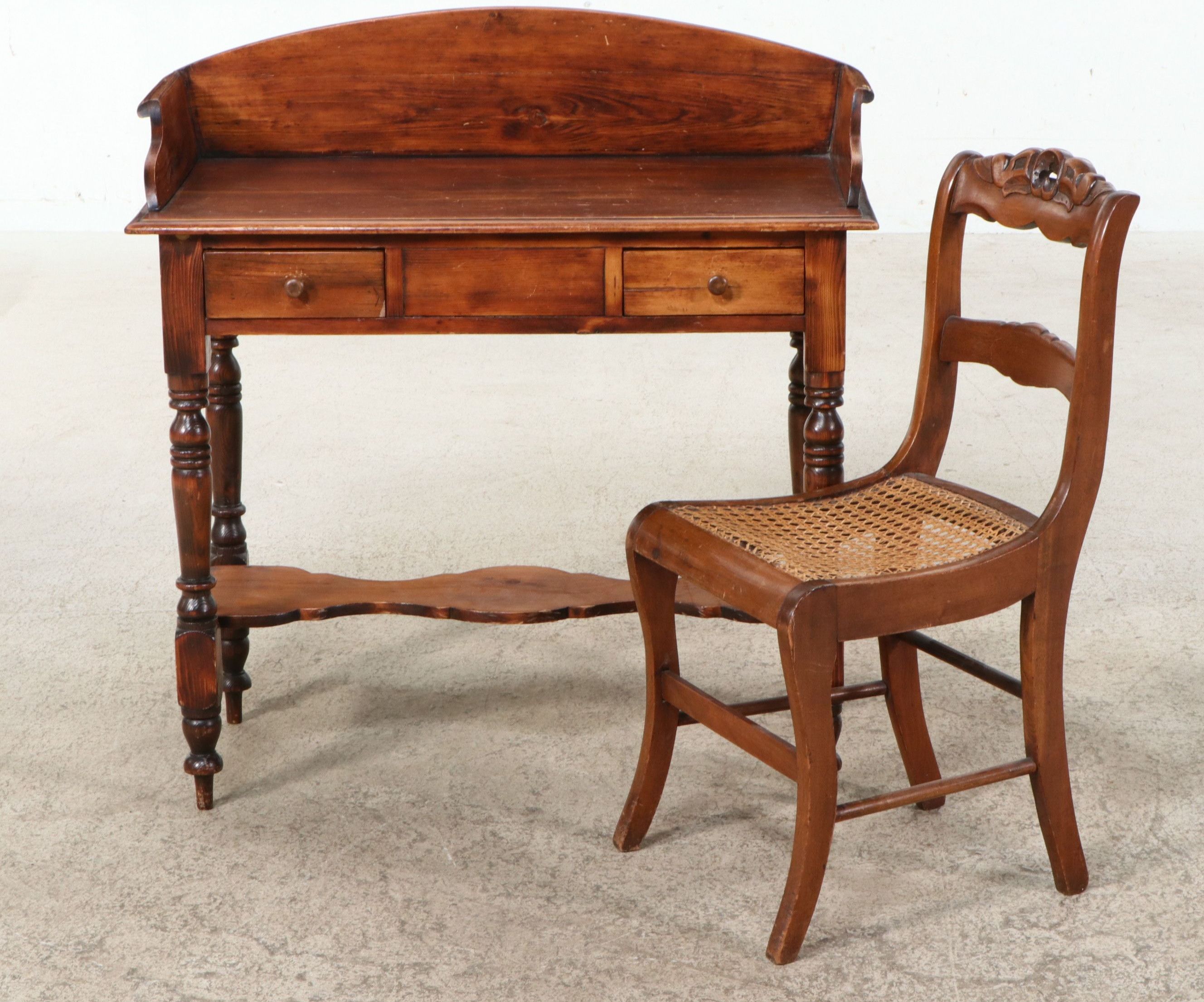 American Victorian Pine Spindle-Leg Desk and Carved Walnut Caned Chair