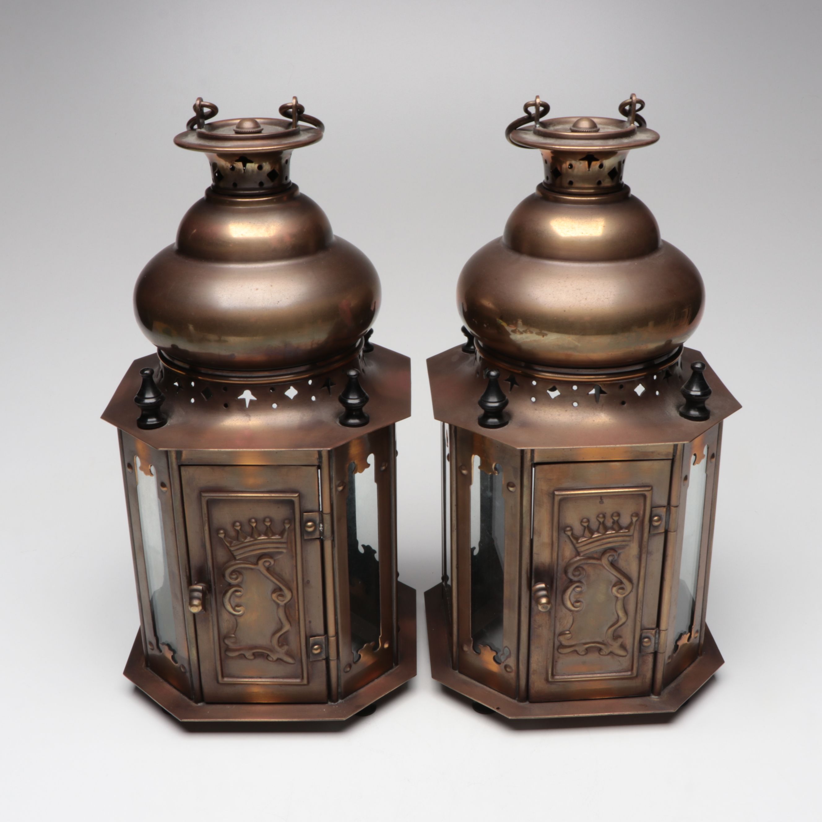 Pair of Gilt Bronze Finish Lanterns with Brass Openwork Candelabrum