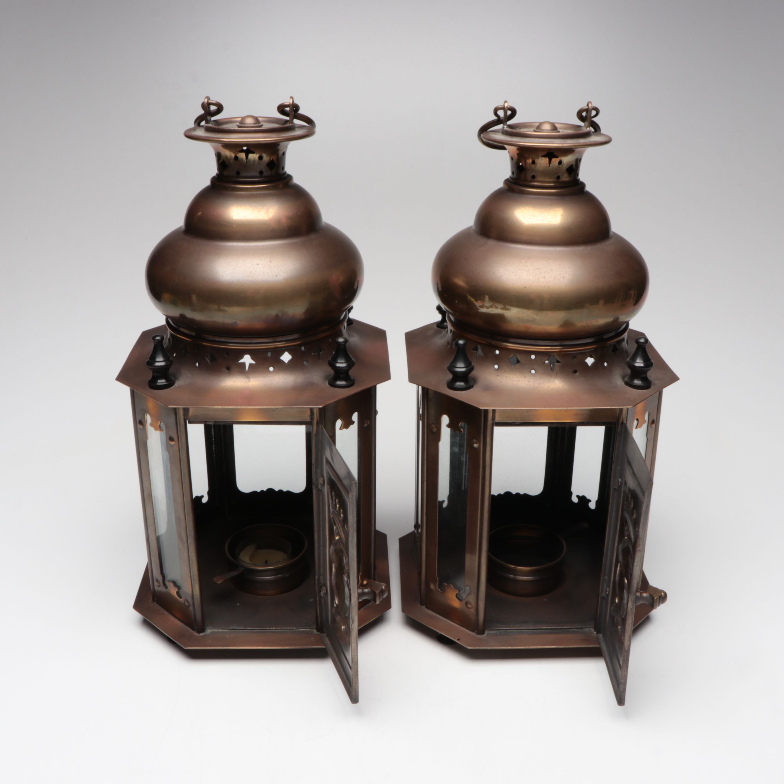 Pair of Gilt Bronze Finish Lanterns with Brass Openwork Candelabrum