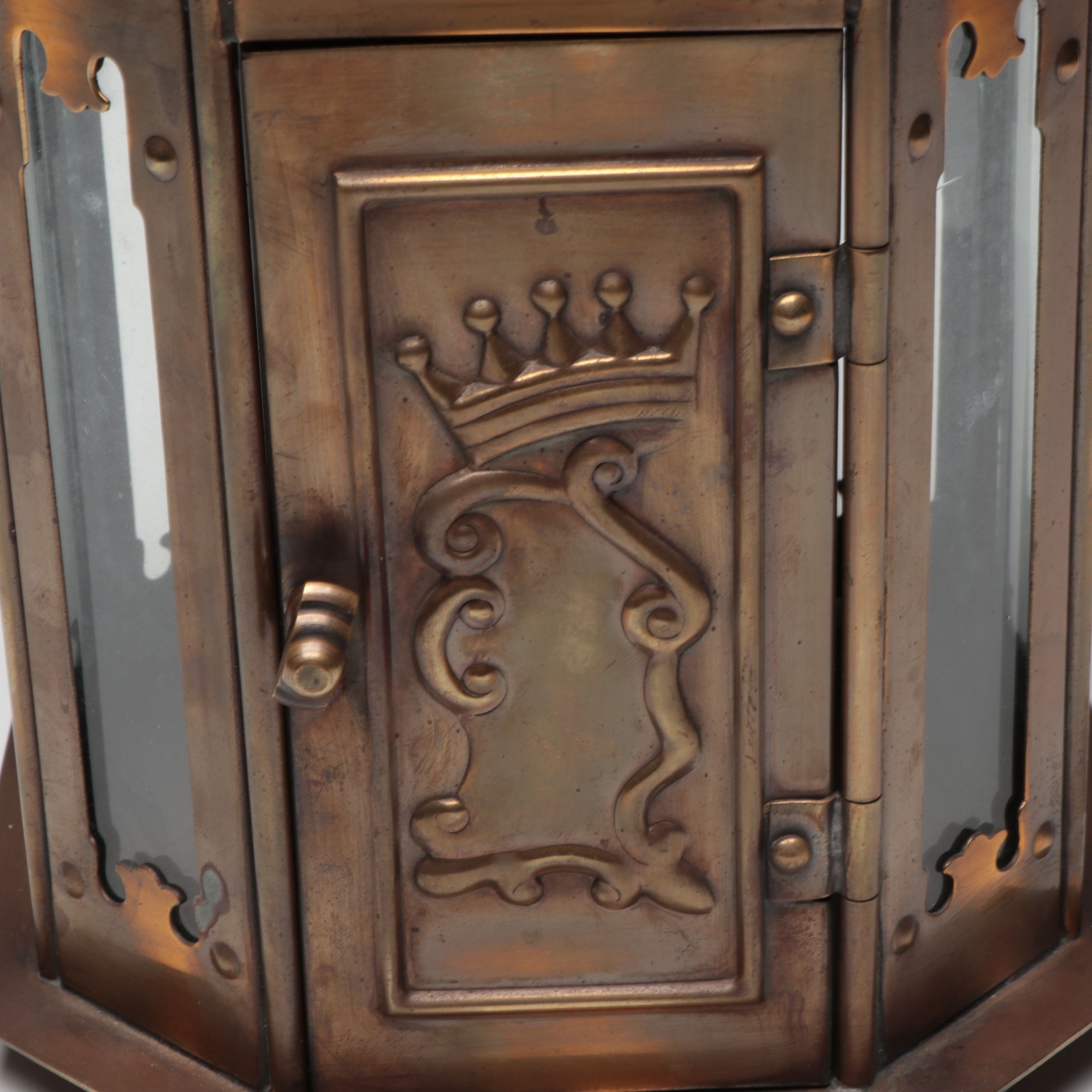 Pair of Gilt Bronze Finish Lanterns with Brass Openwork Candelabrum