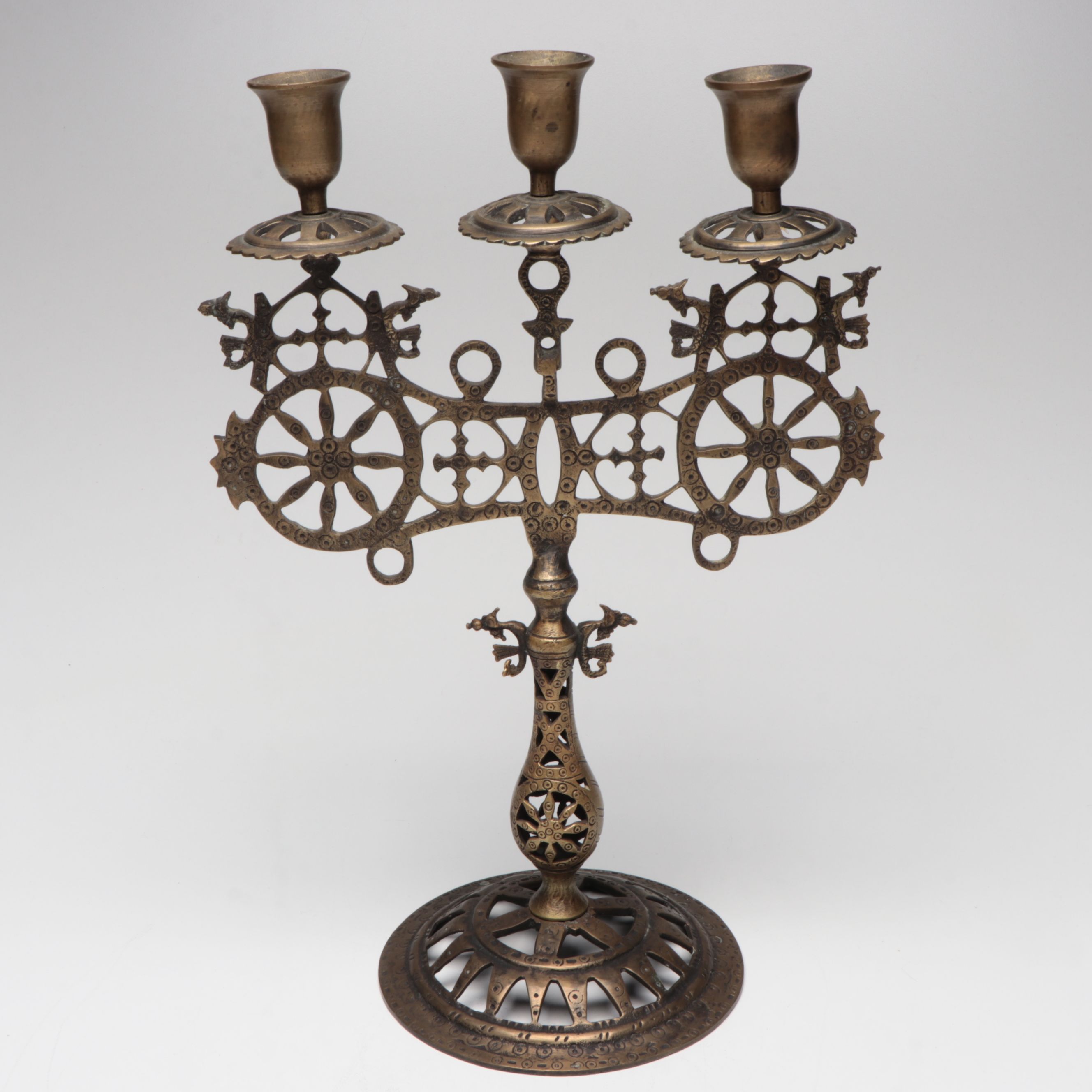 Pair of Gilt Bronze Finish Lanterns with Brass Openwork Candelabrum