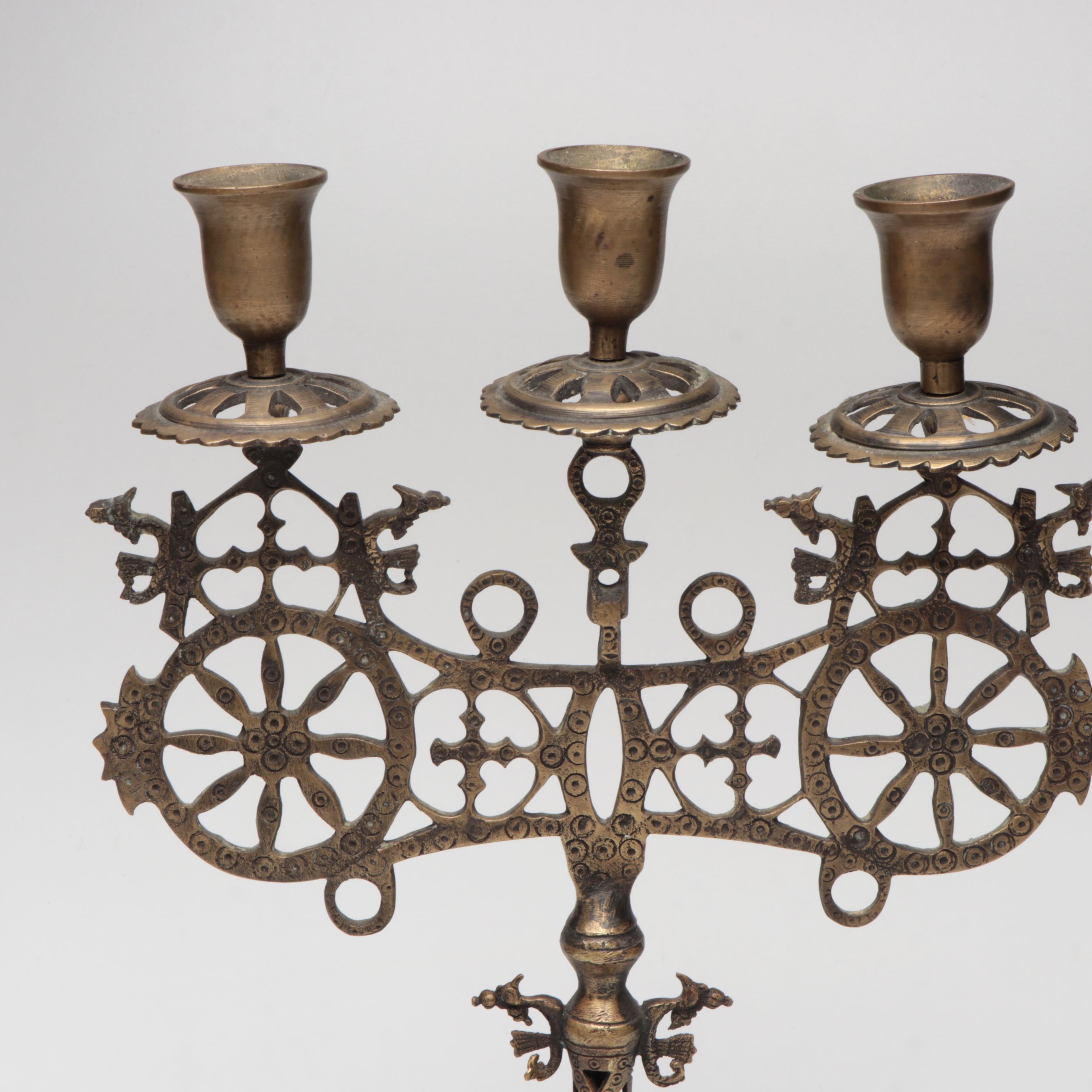 Pair of Gilt Bronze Finish Lanterns with Brass Openwork Candelabrum