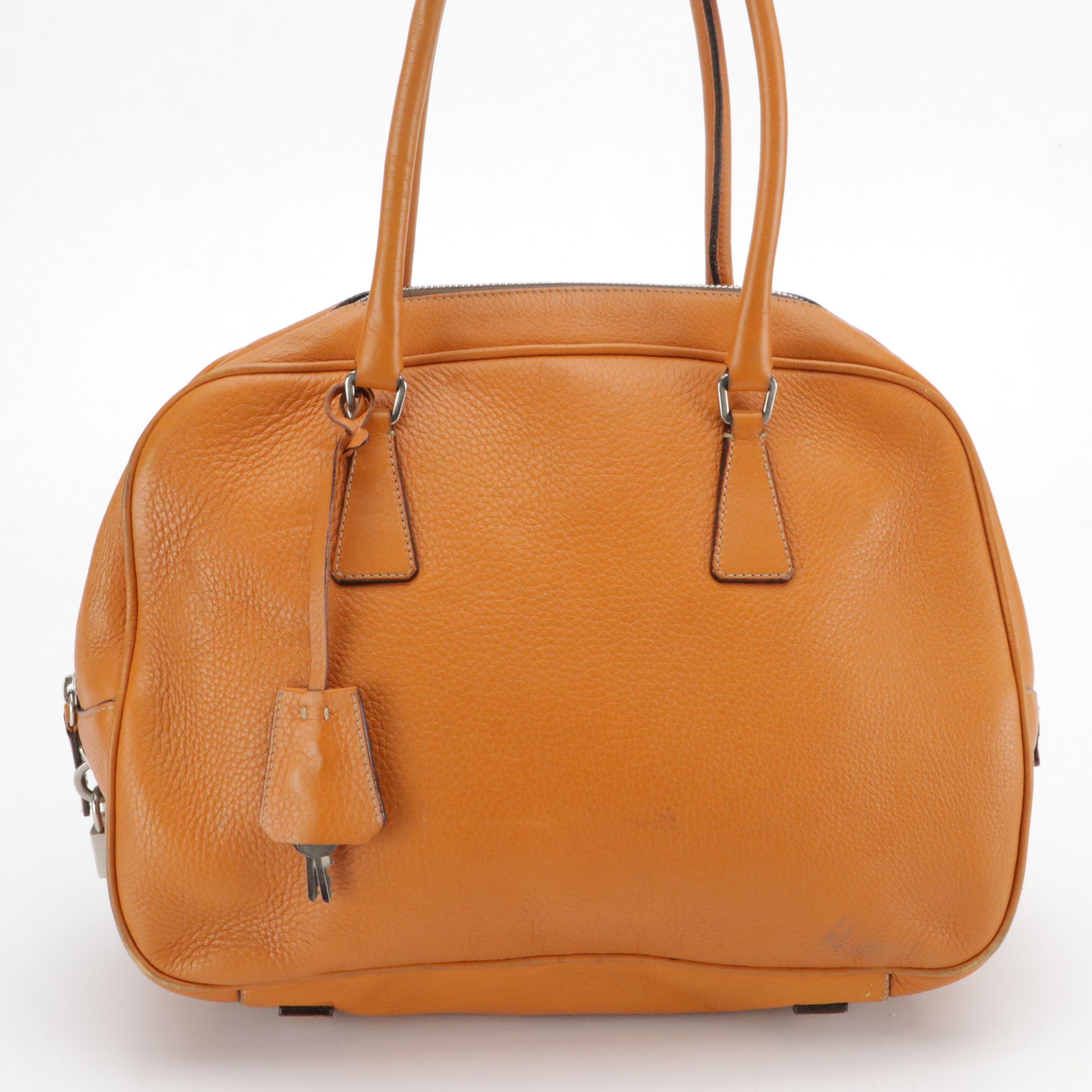 Prada Bauletto Bowler Shoulder Bag in Orange Grained Leather