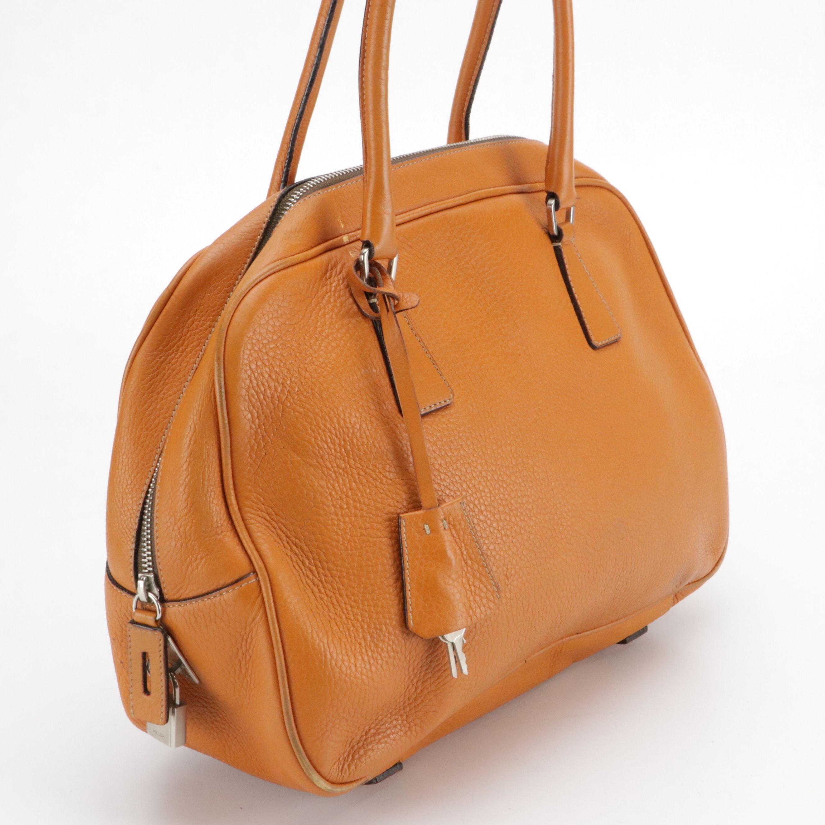 Prada Bauletto Bowler Shoulder Bag in Orange Grained Leather