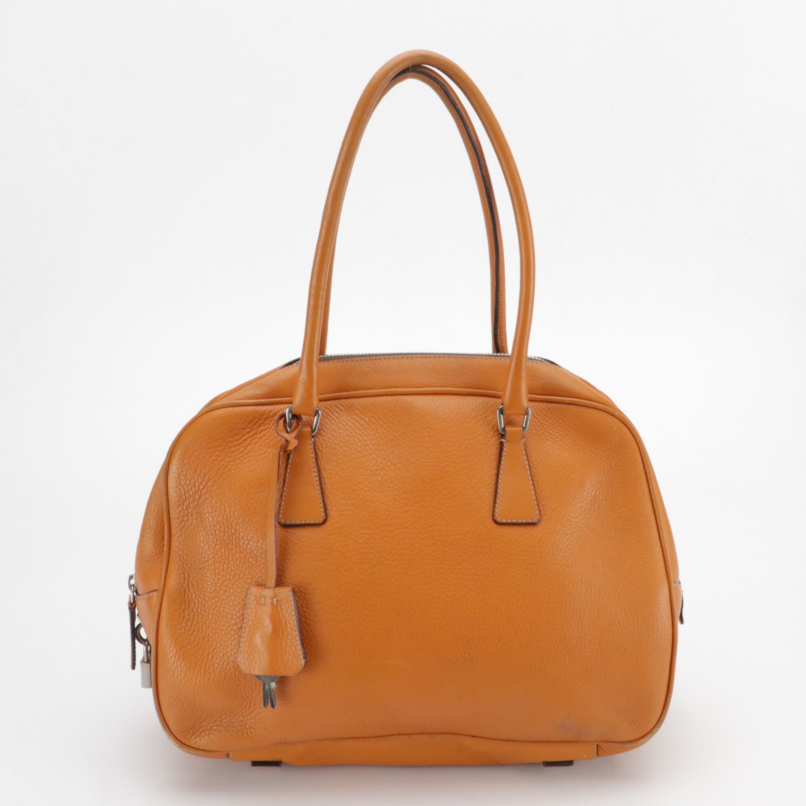 Prada Bauletto Bowler Shoulder Bag in Orange Grained Leather