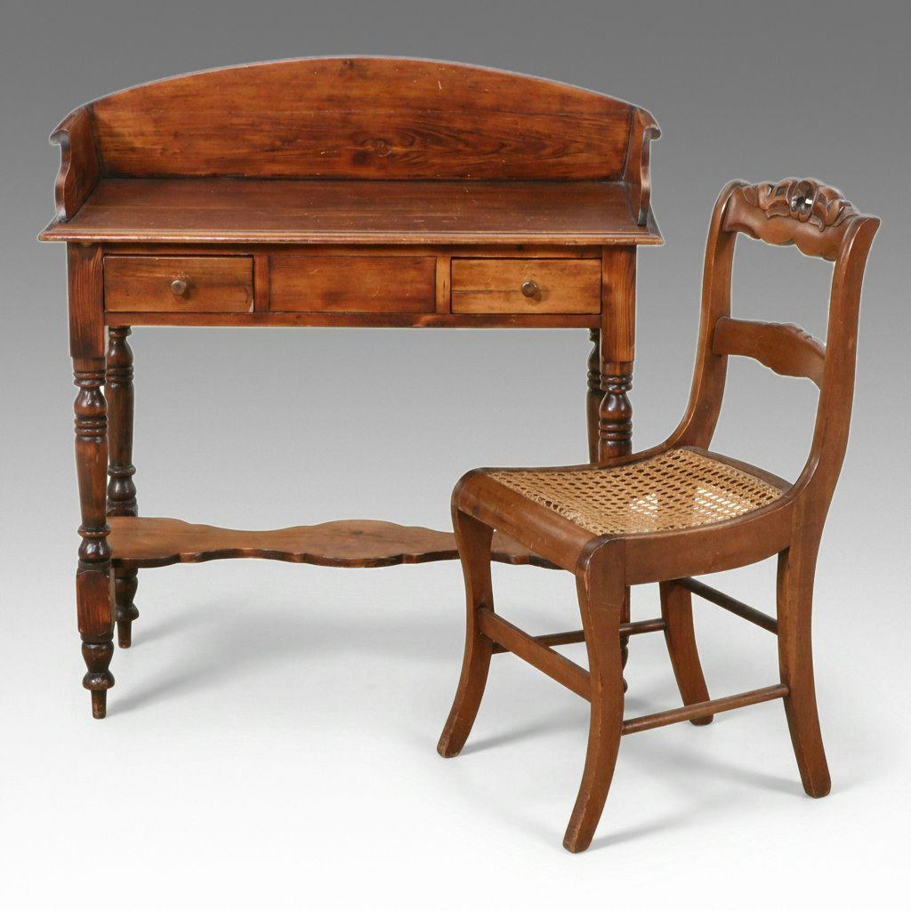 American Victorian Pine Spindle-Leg Desk and Carved Walnut Caned Chair