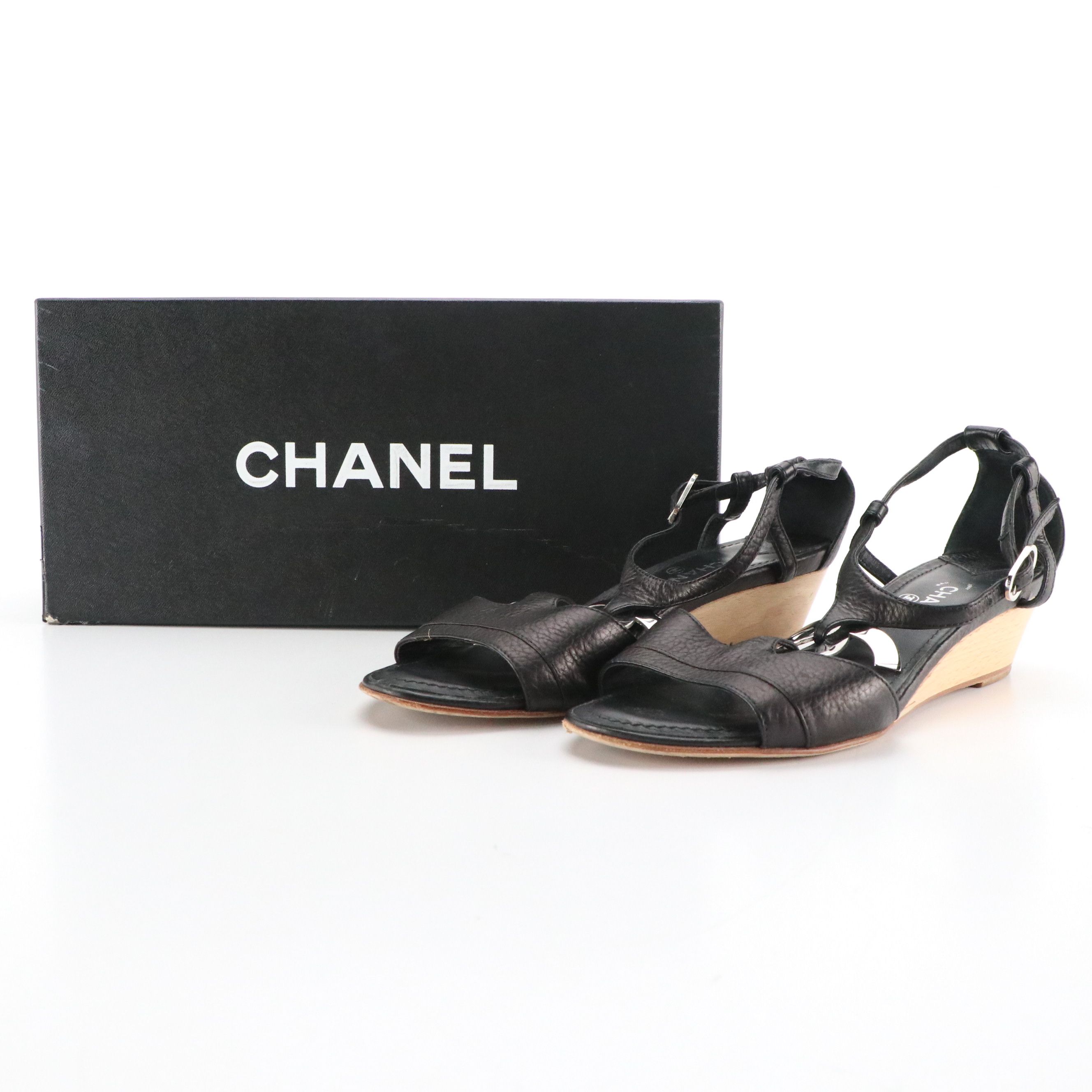 Chanel CC T-Strap Wedge Sandals in Leather with Box