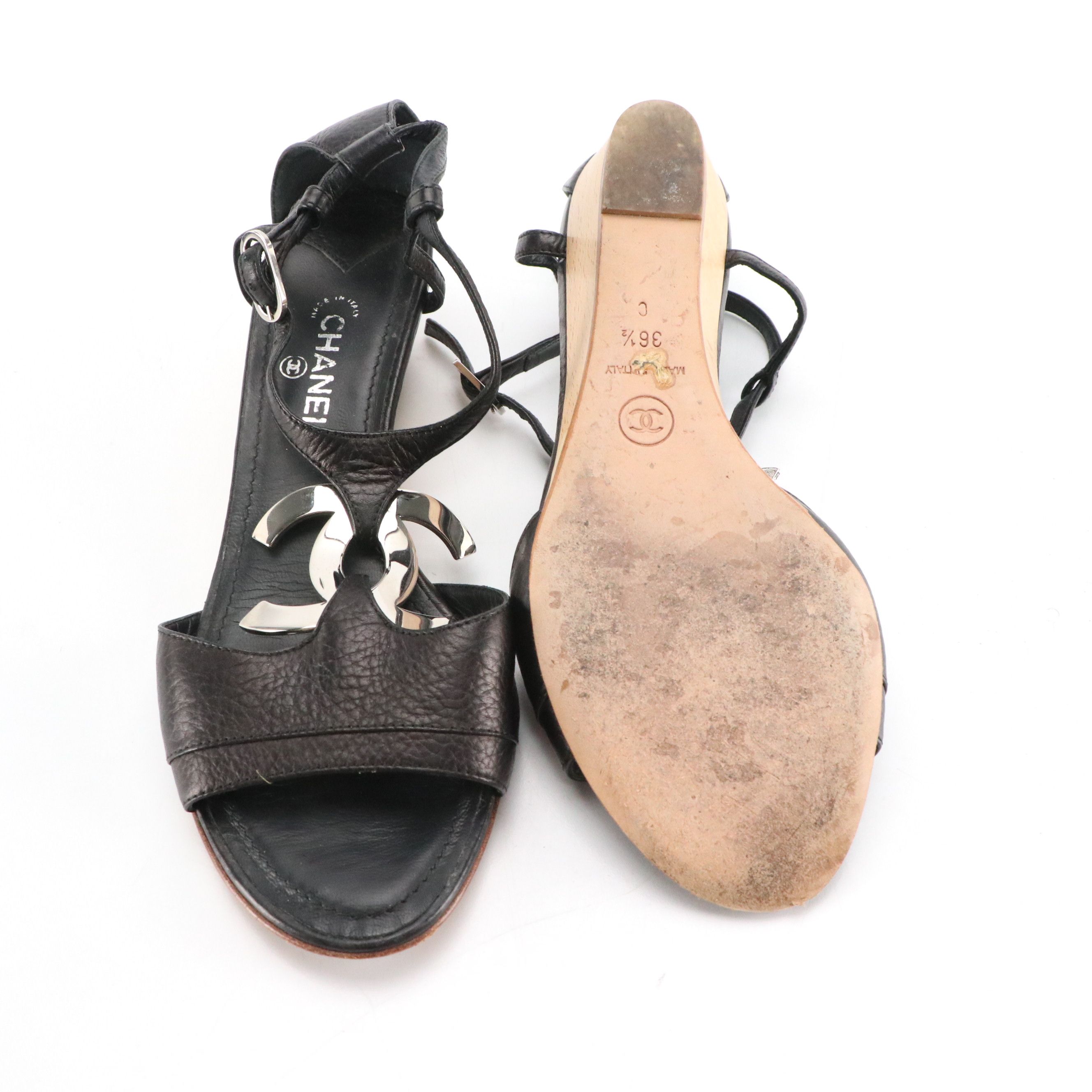 Chanel CC T-Strap Wedge Sandals in Leather with Box