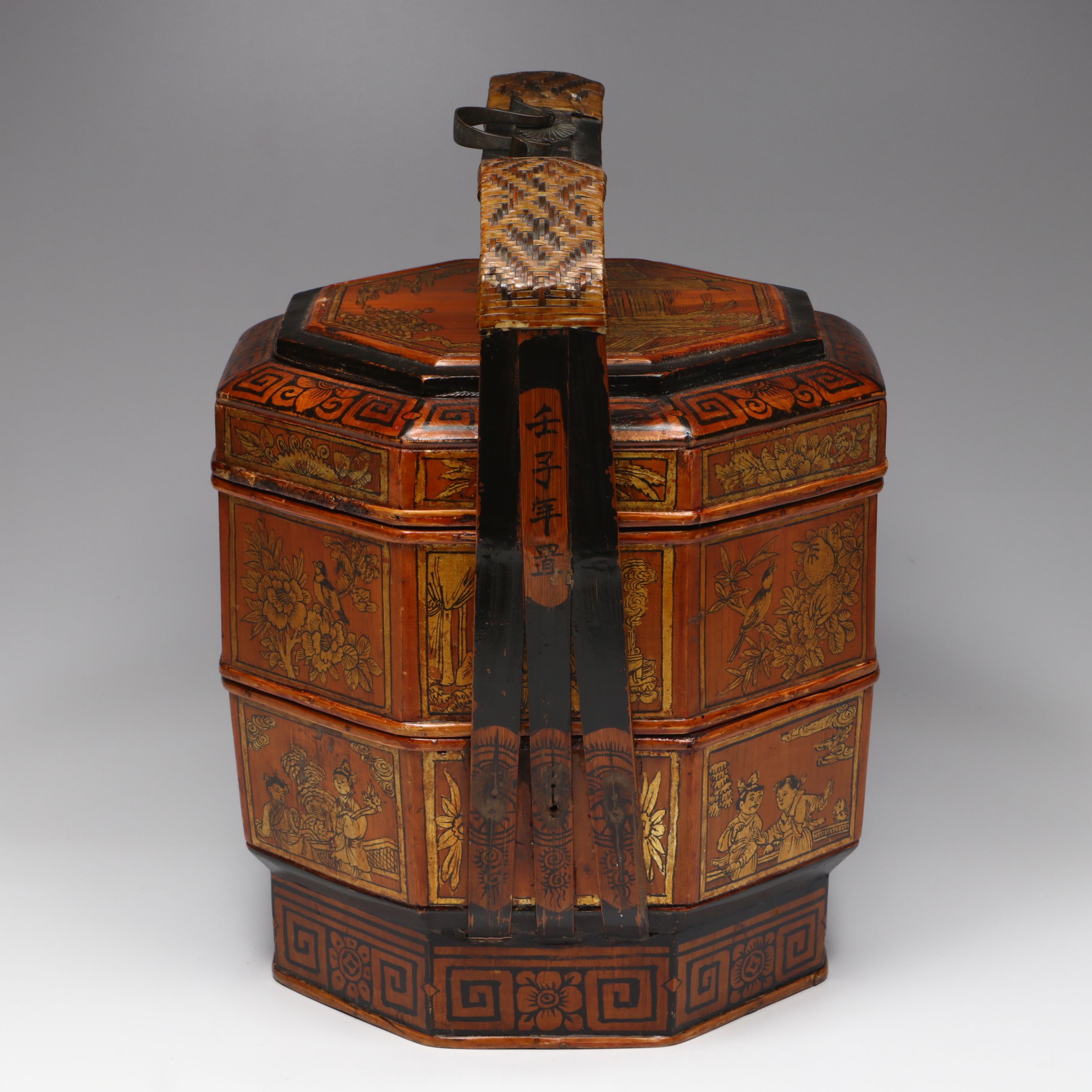 Antique Chinese Hand-Painted Wood Wedding Basket