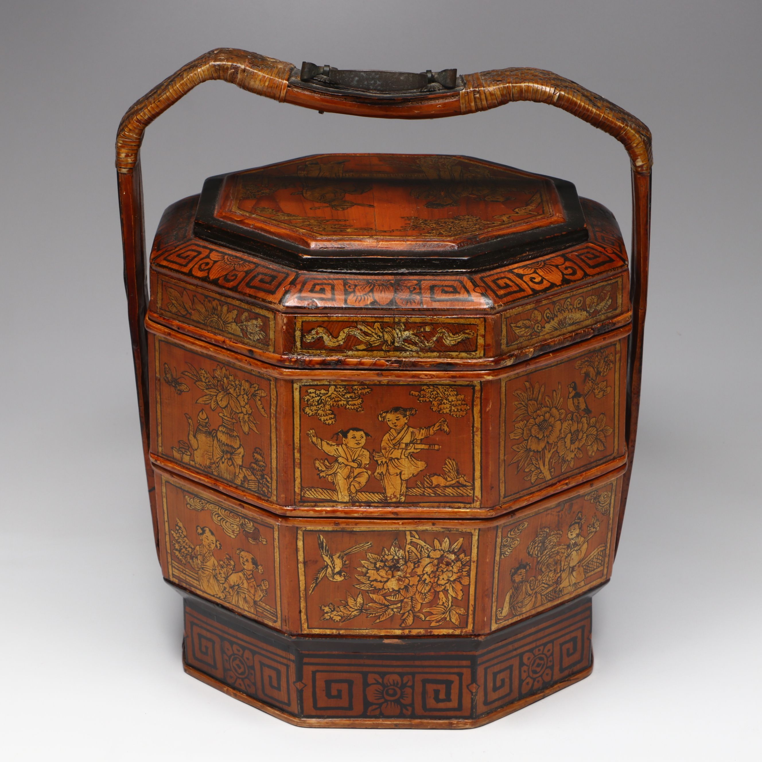 Antique Chinese Hand-Painted Wood Wedding Basket