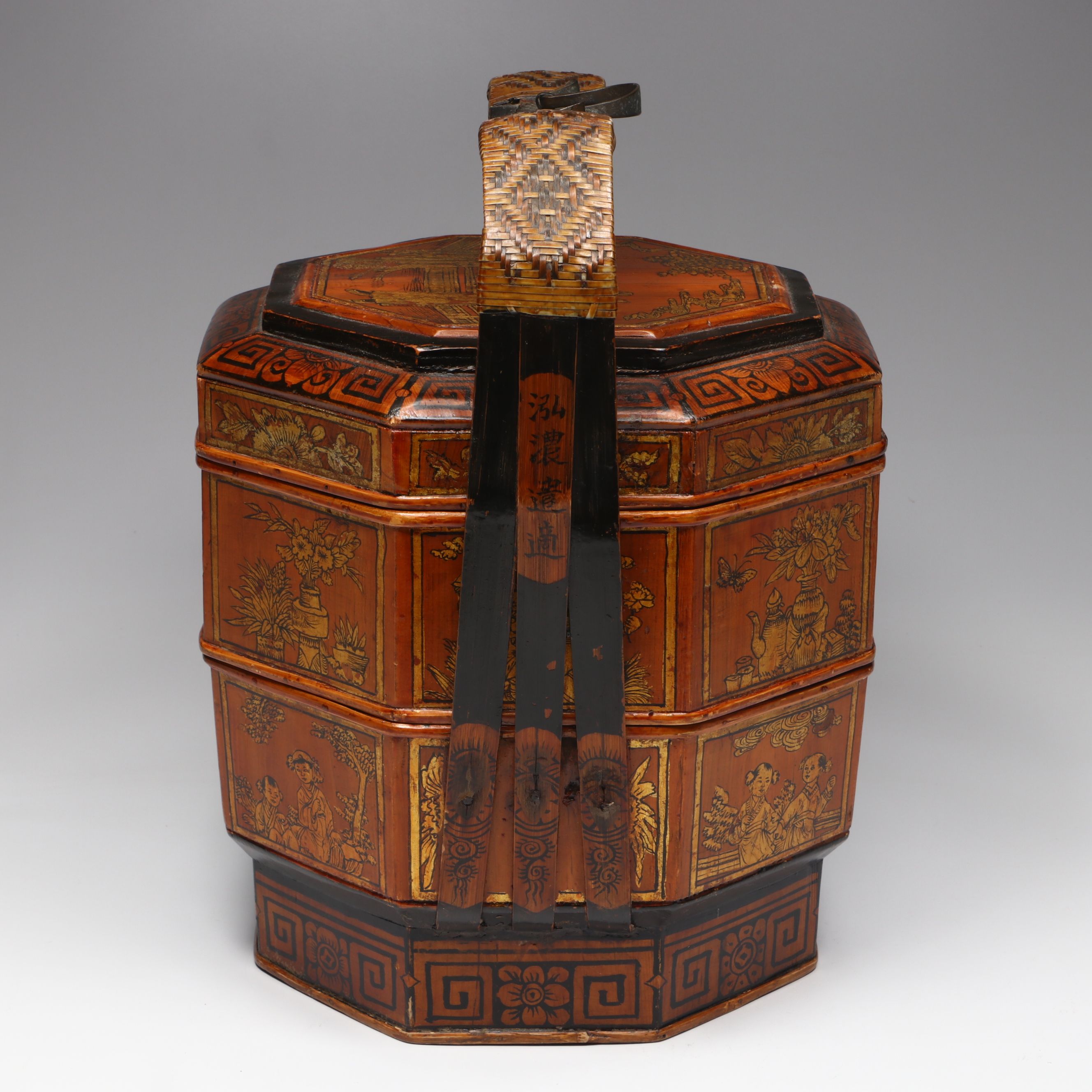 Antique Chinese Hand-Painted Wood Wedding Basket