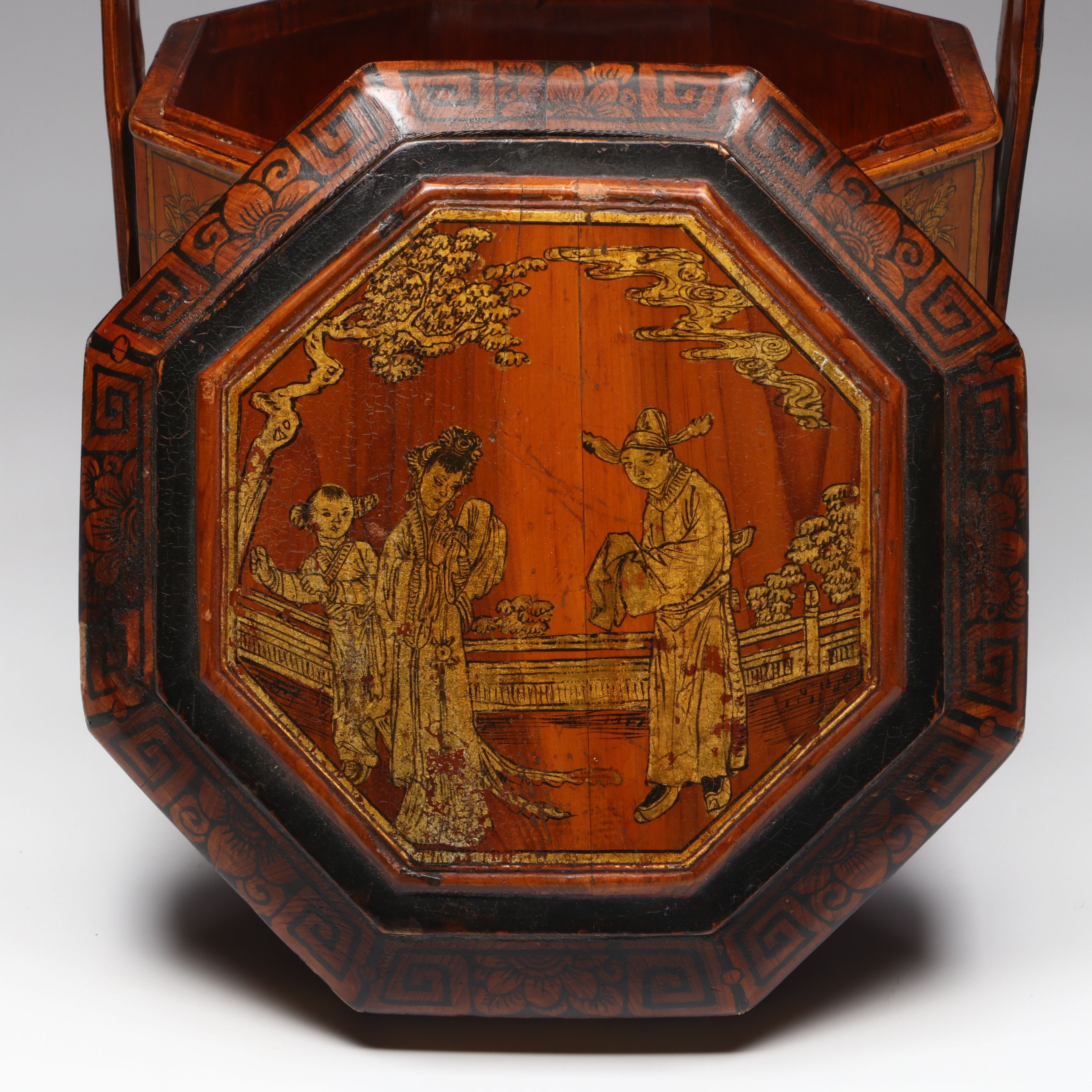 Antique Chinese Hand-Painted Wood Wedding Basket