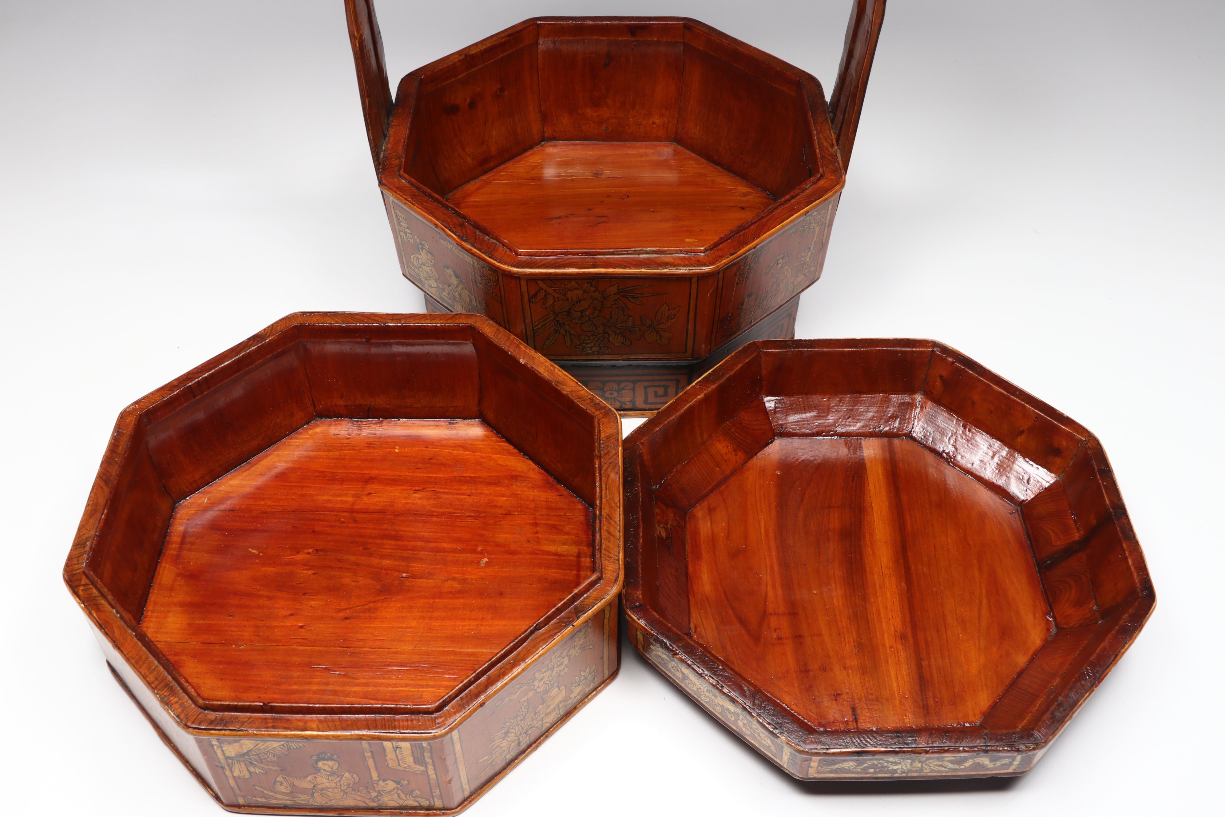 Antique Chinese Hand-Painted Wood Wedding Basket